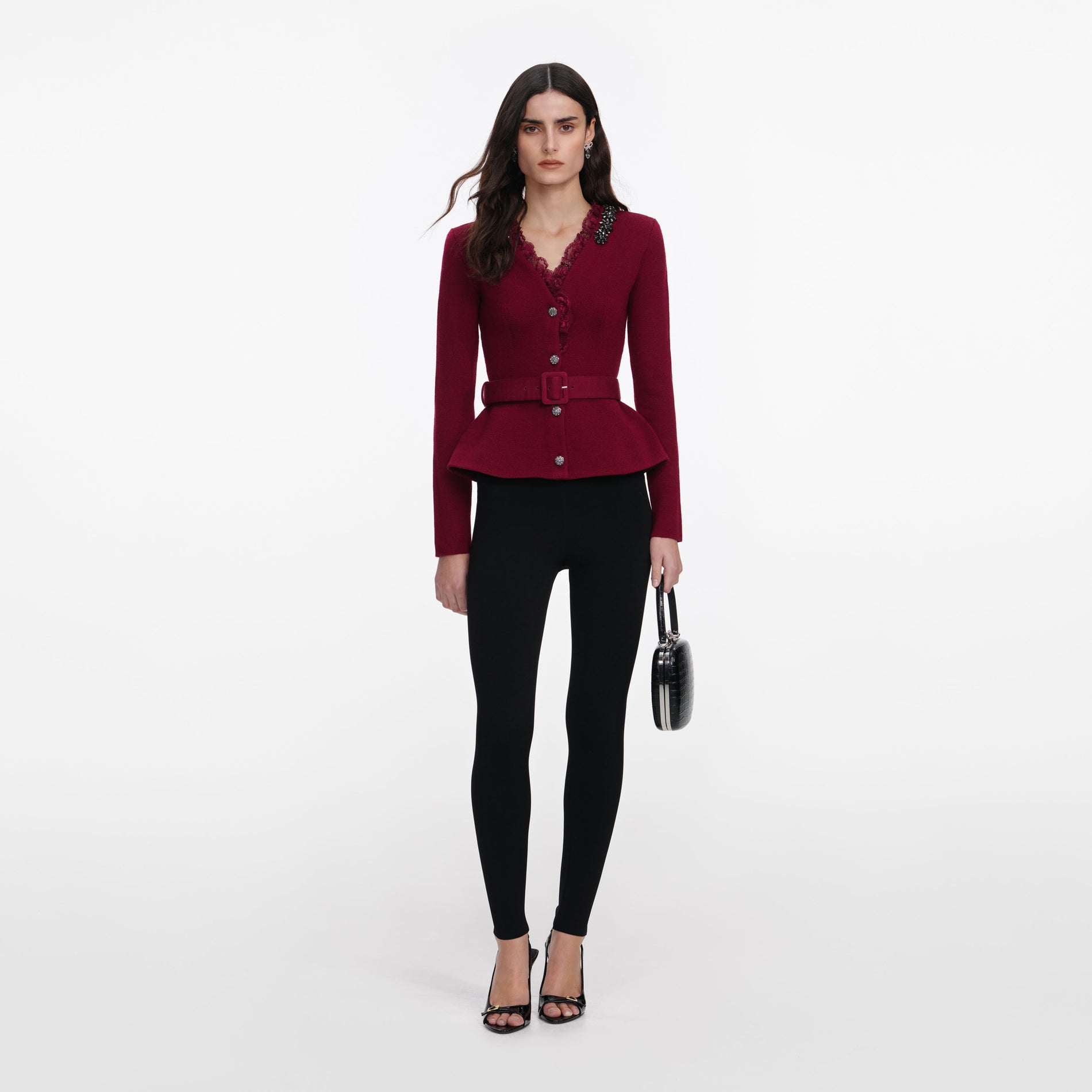 Front view of a woman wearing the Burgundy Crystal Trim Cardigan