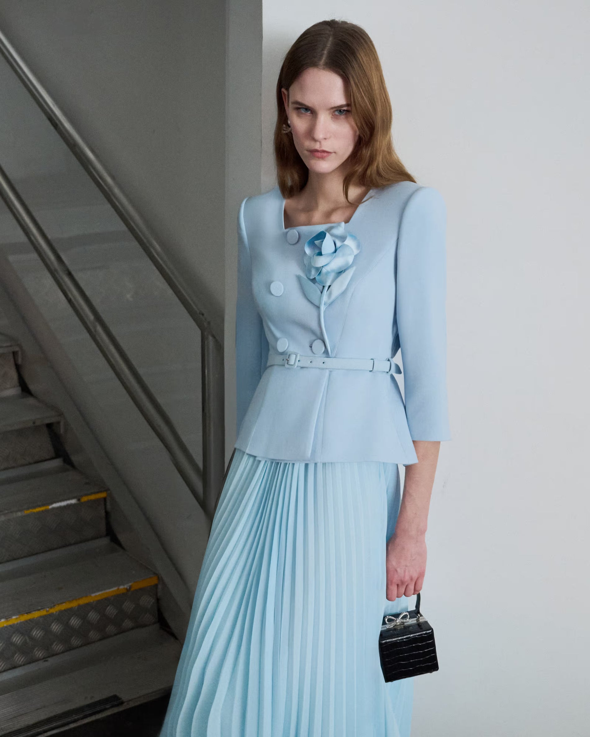 Blue 3D Flower Chiffon Midi Dress