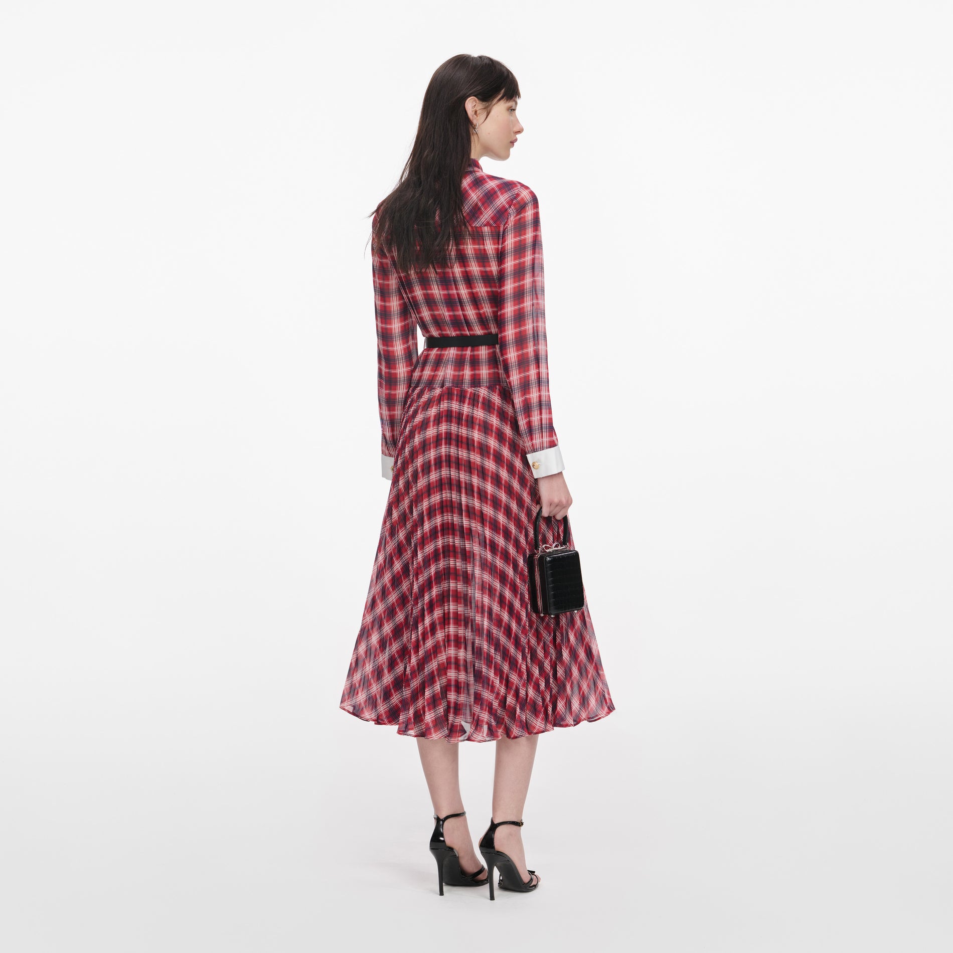 Back view of a woman wearing the Burgundy Check Chiffon Midi Dress