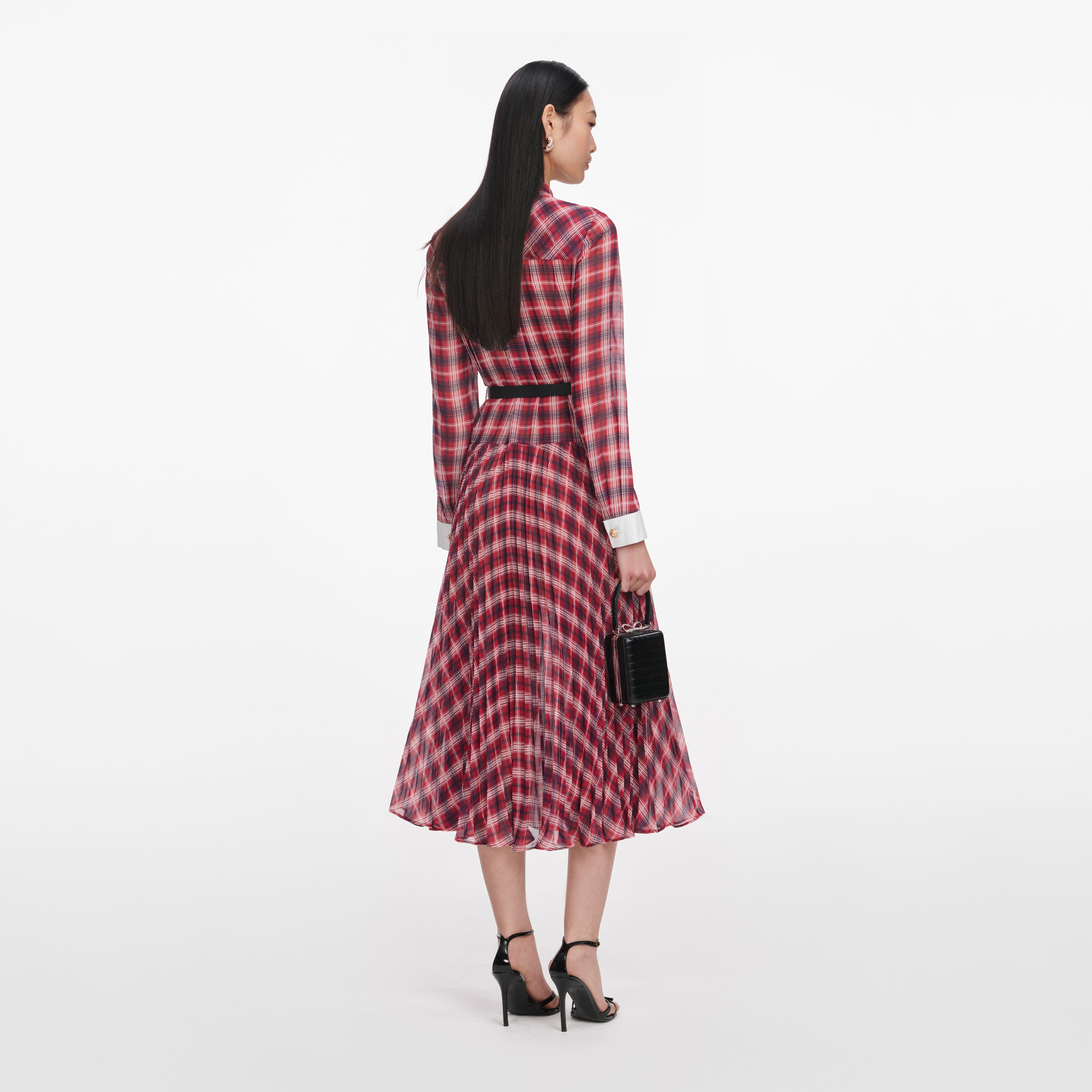 Burgundy Check Chiffon Midi Dress