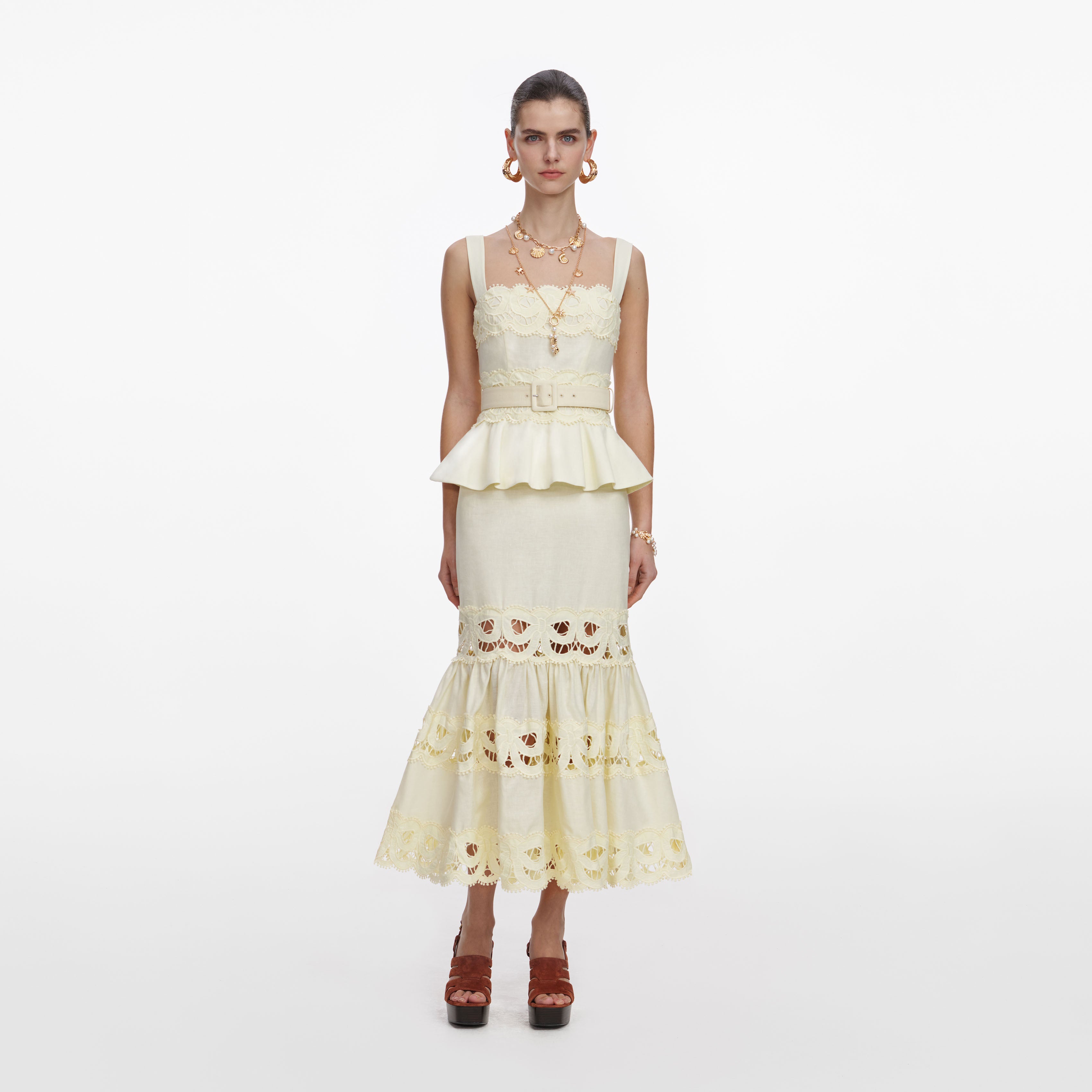 Yellow Linen Peplum Midi Dress