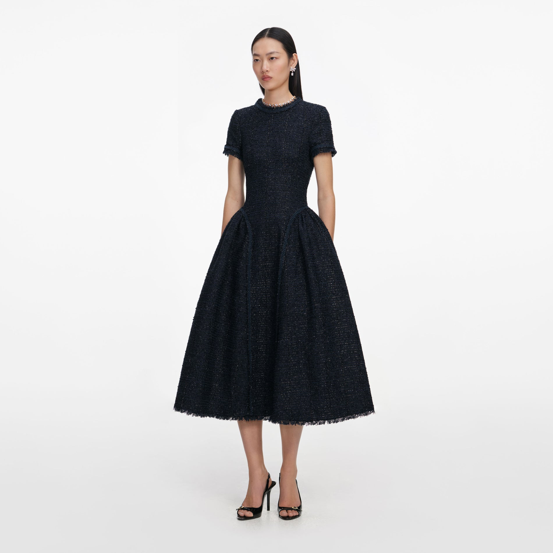 Navy Metallic Boucle Midi Dress