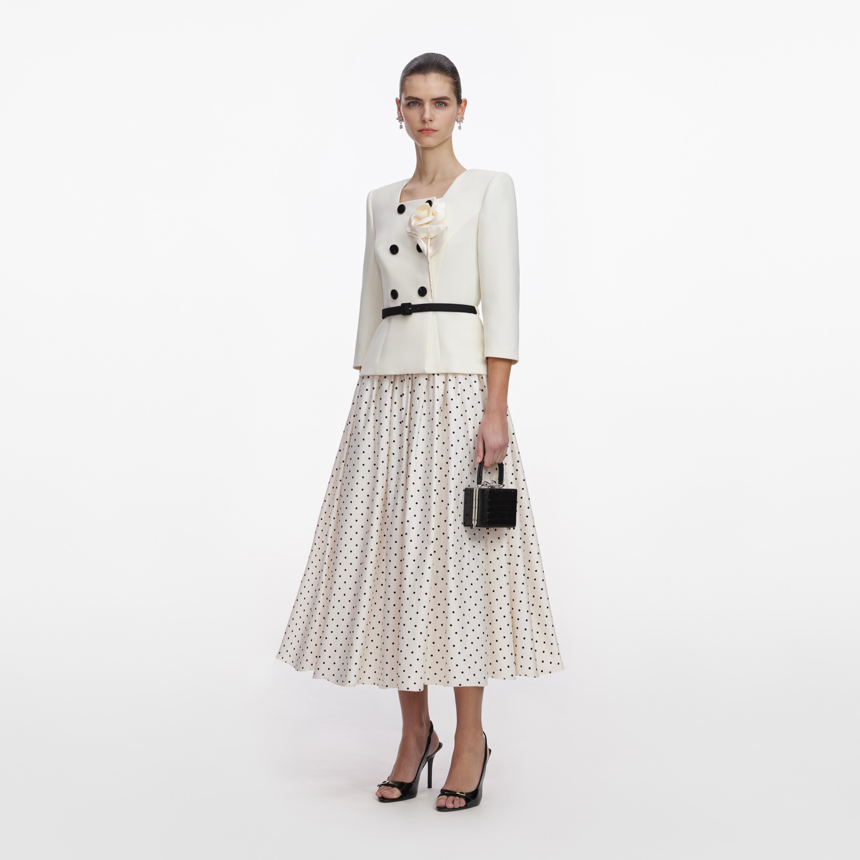 Cream 3D Flower Polka Dot Midi Dress