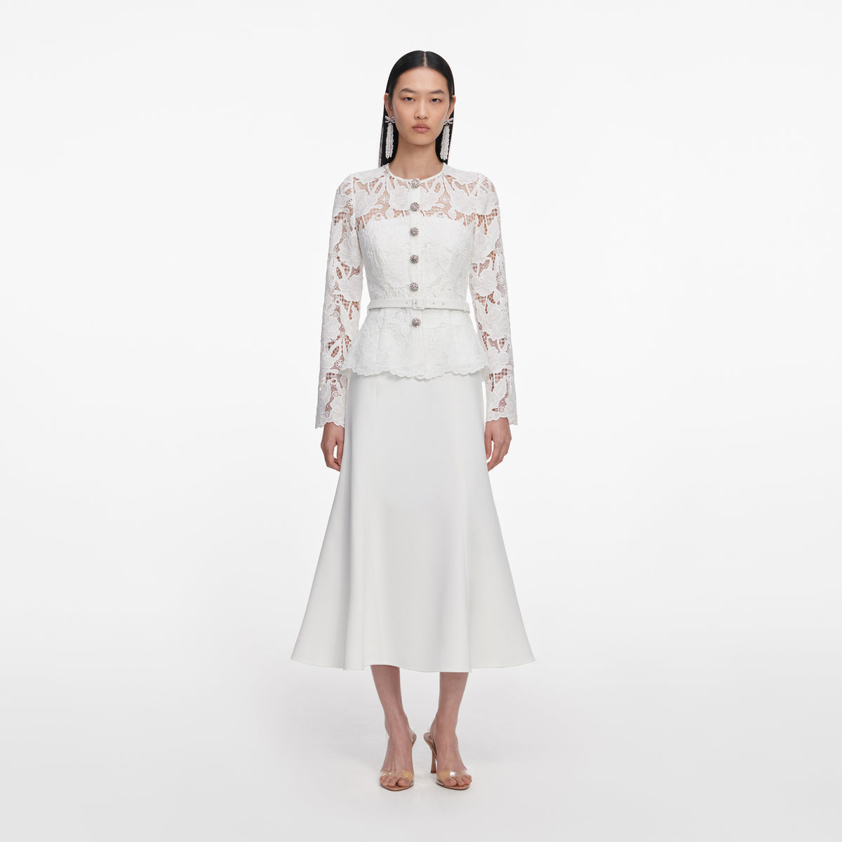 self portrait white lace panel midi dress White Lace Crepe Midi Dress – self-portrait
