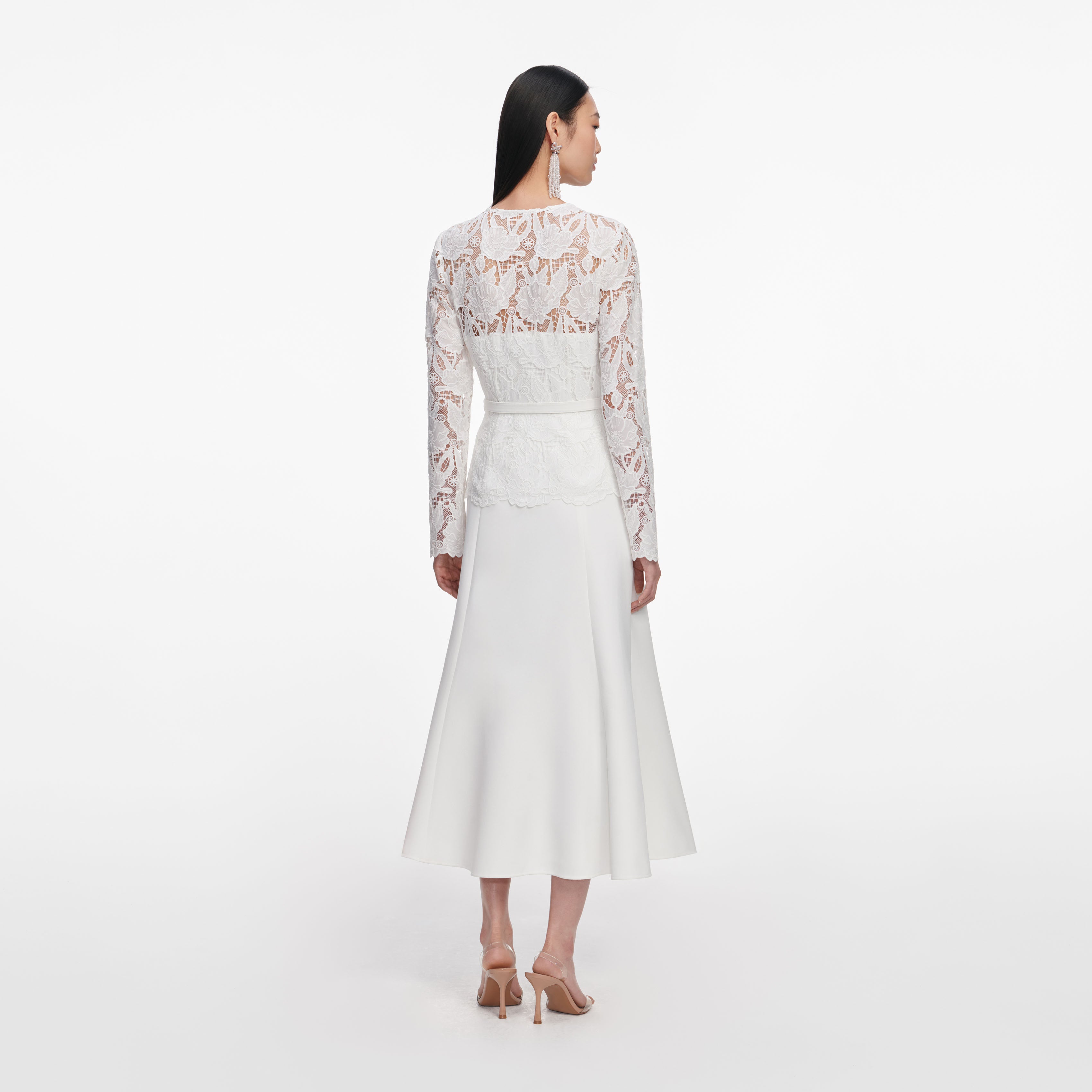 White Lace Crepe Midi Dress