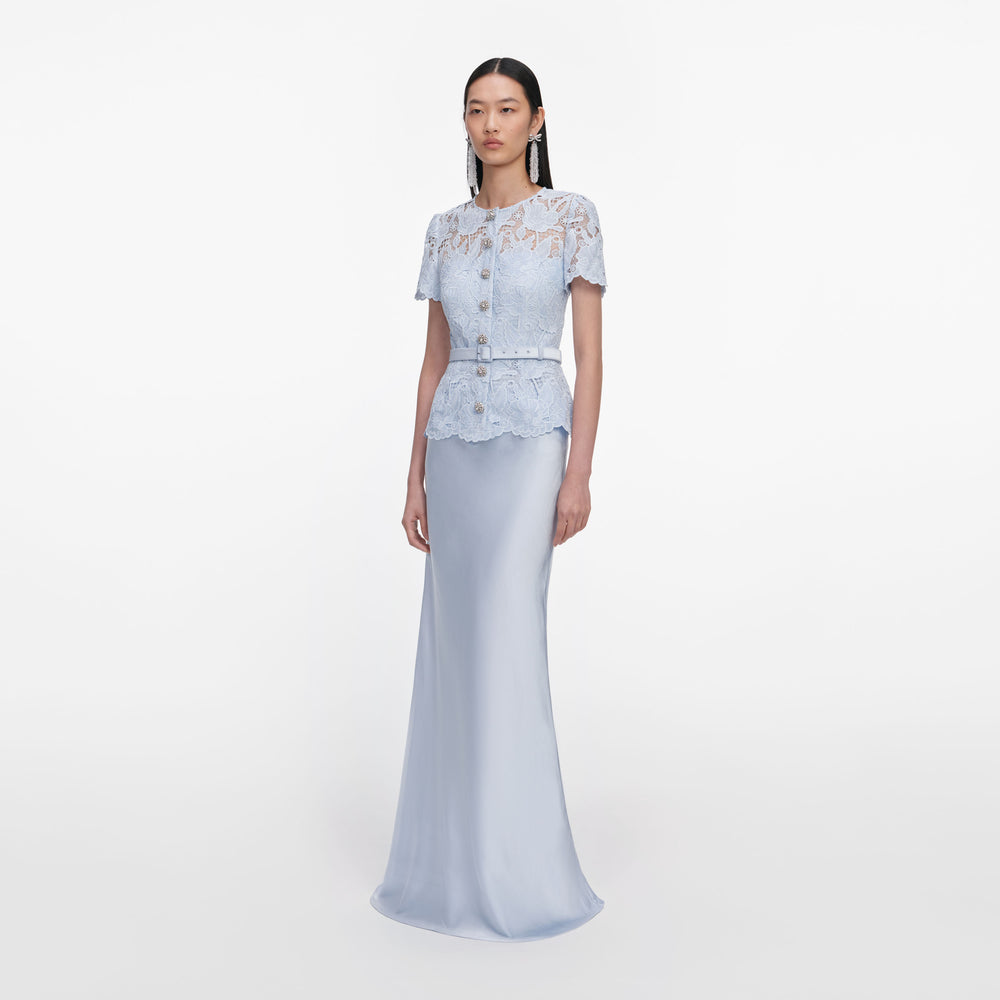 Blue Lace Satin Maxi Dress – self-portrait