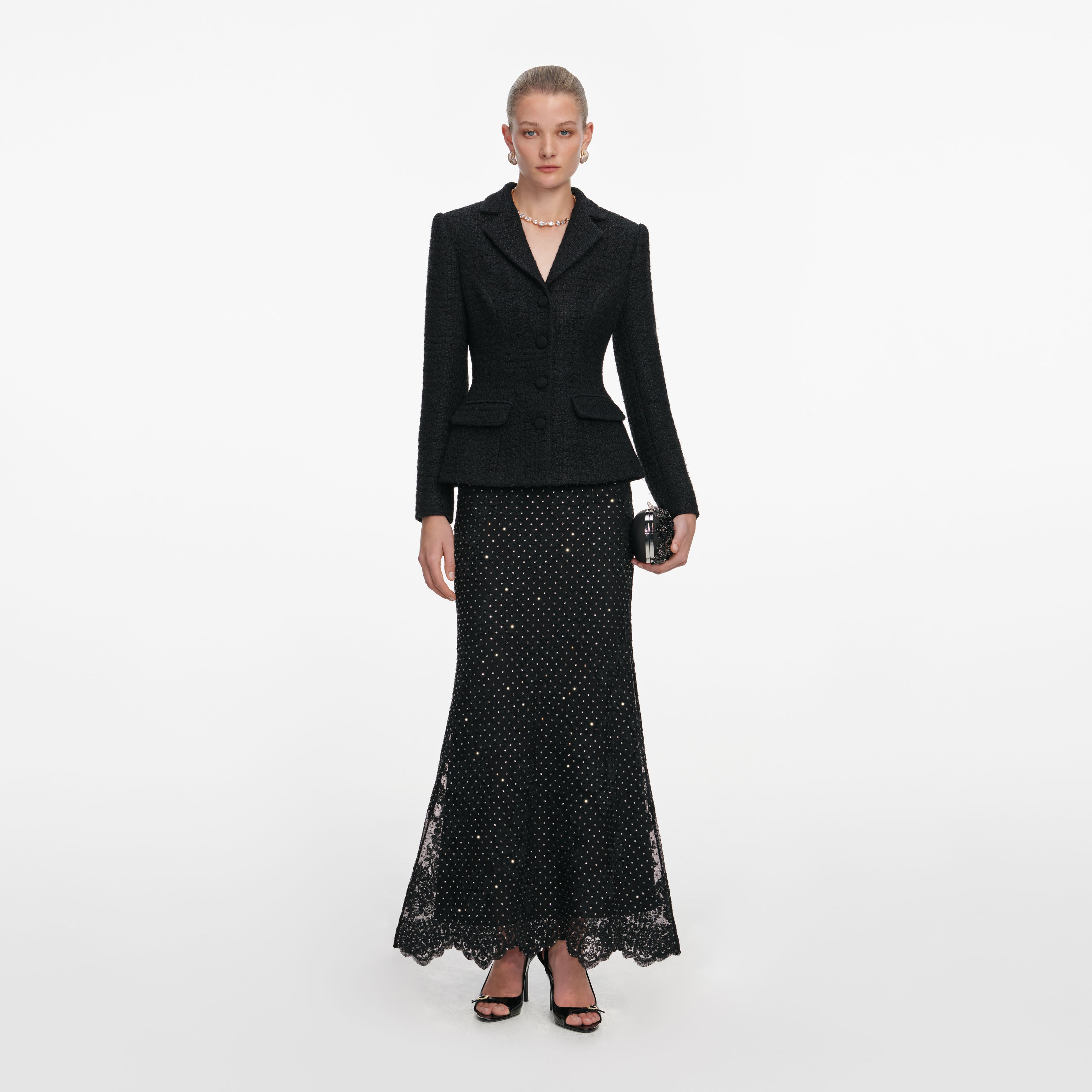 Black Boucle Rhinestone Lace Maxi Dress