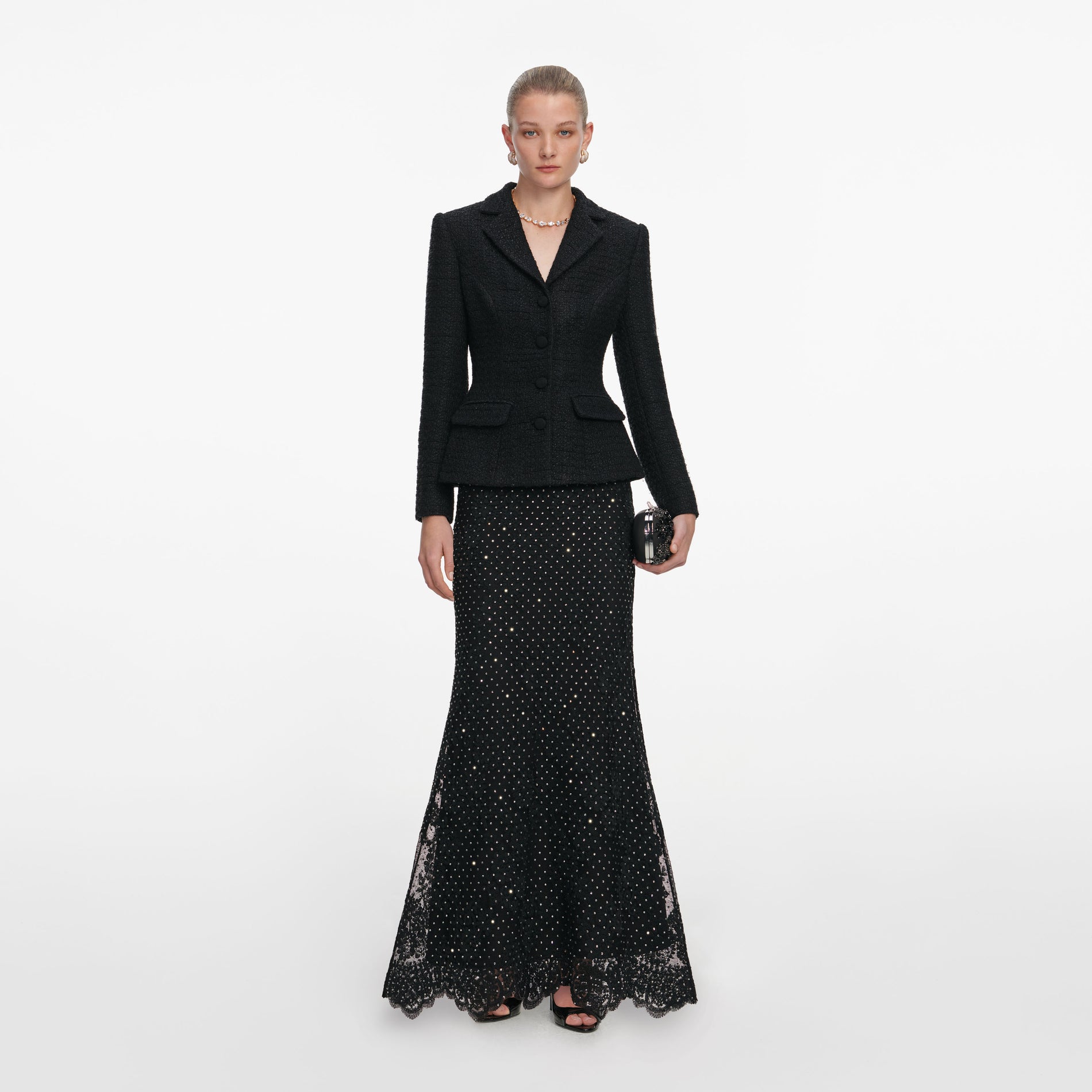 Black Boucle Rhinestone Lace Maxi Dress