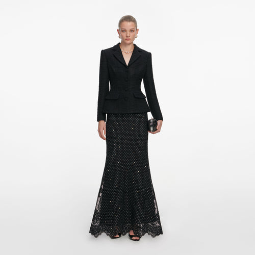 Front view of a woman wearing the Black Boucle Rhinestone Lace Maxi Dress