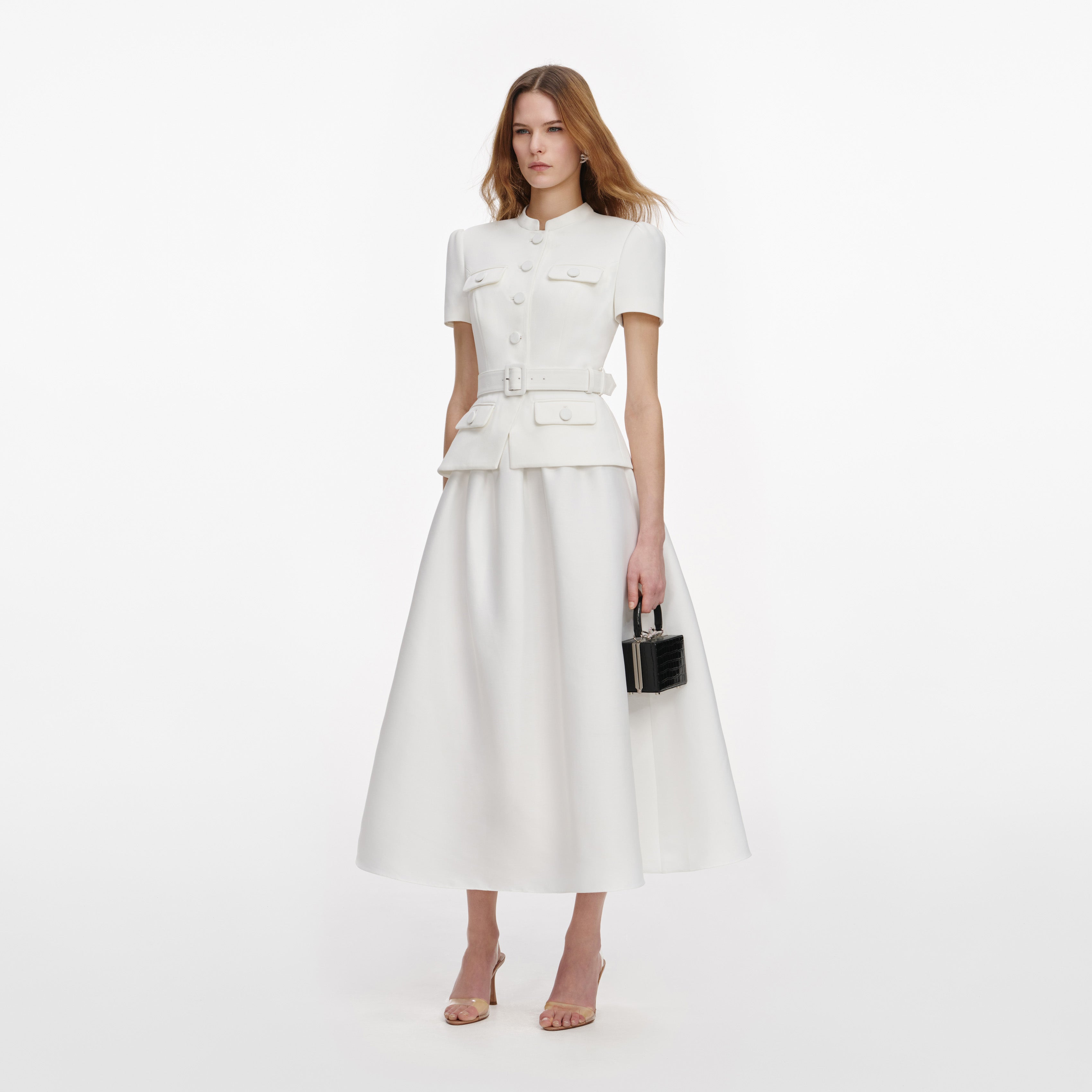 White Tailored Taffeta Midi Dress