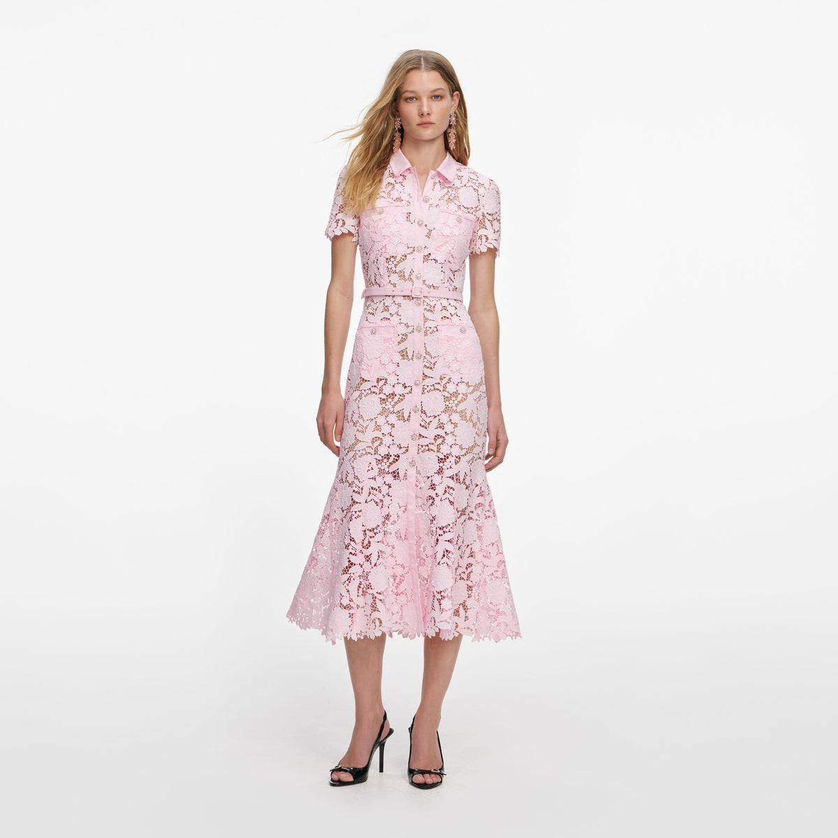 Pink Lace Collared Midi Dress self-portrait Pink Lace Collared Midi Dress self-portrait