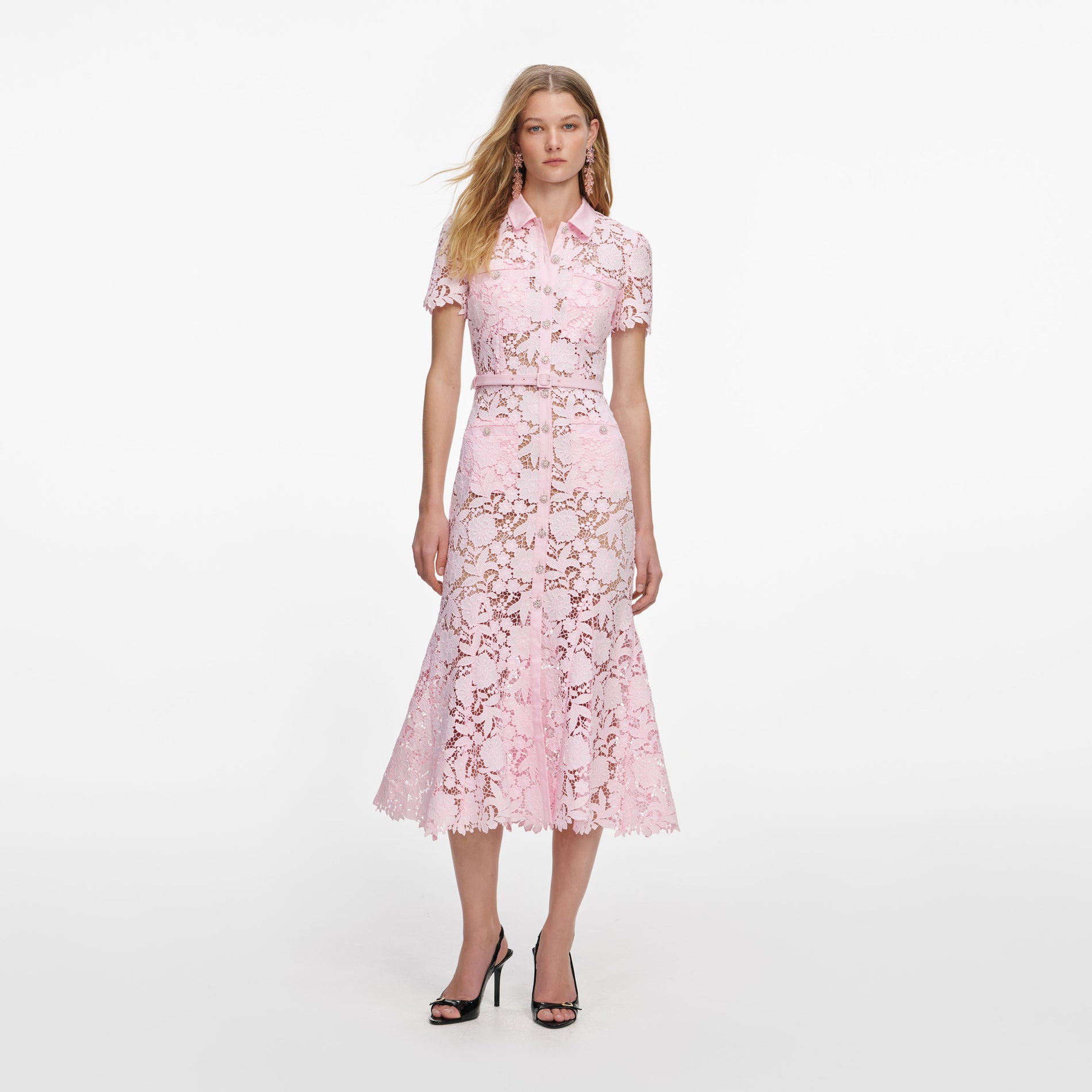 Front view of a woman wearing the Pink Lace Collared Midi Dress