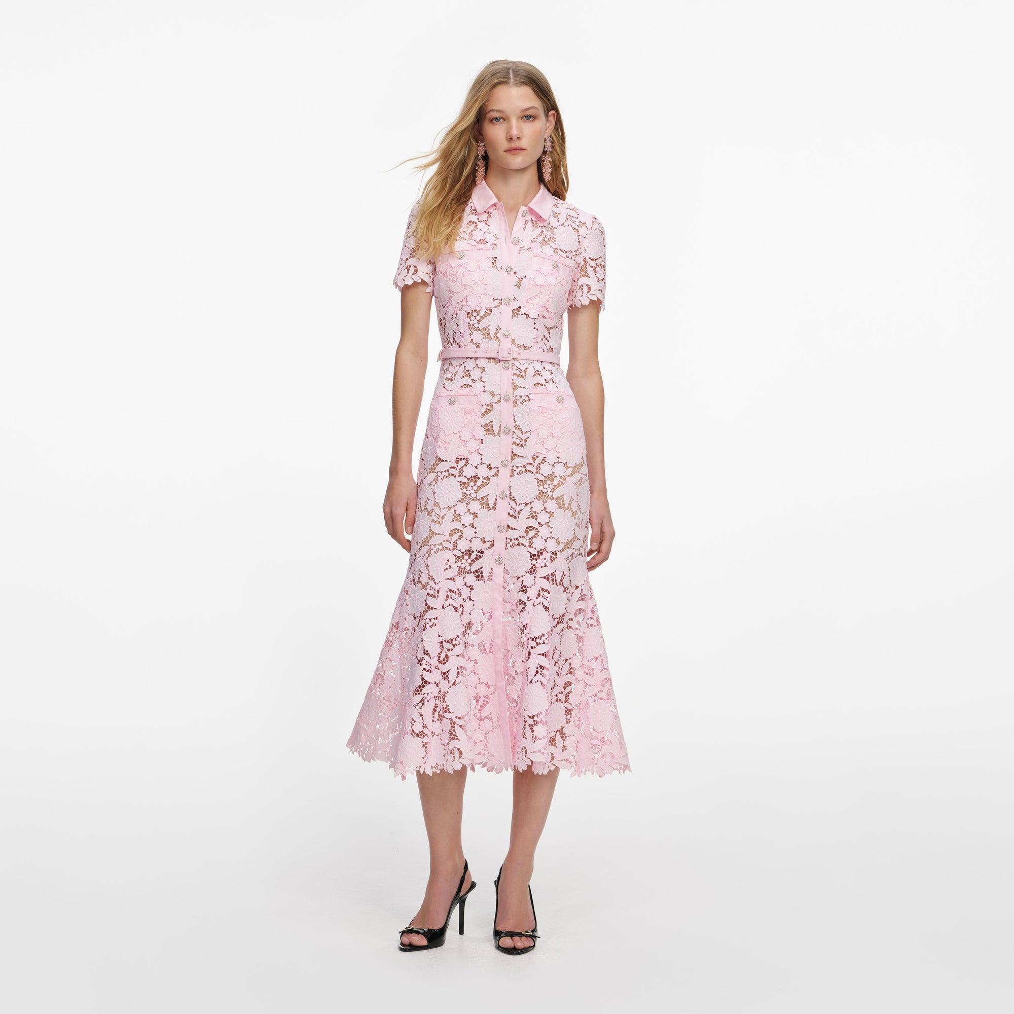 Front view of a woman wearing the Pink Lace Collared Midi Dress