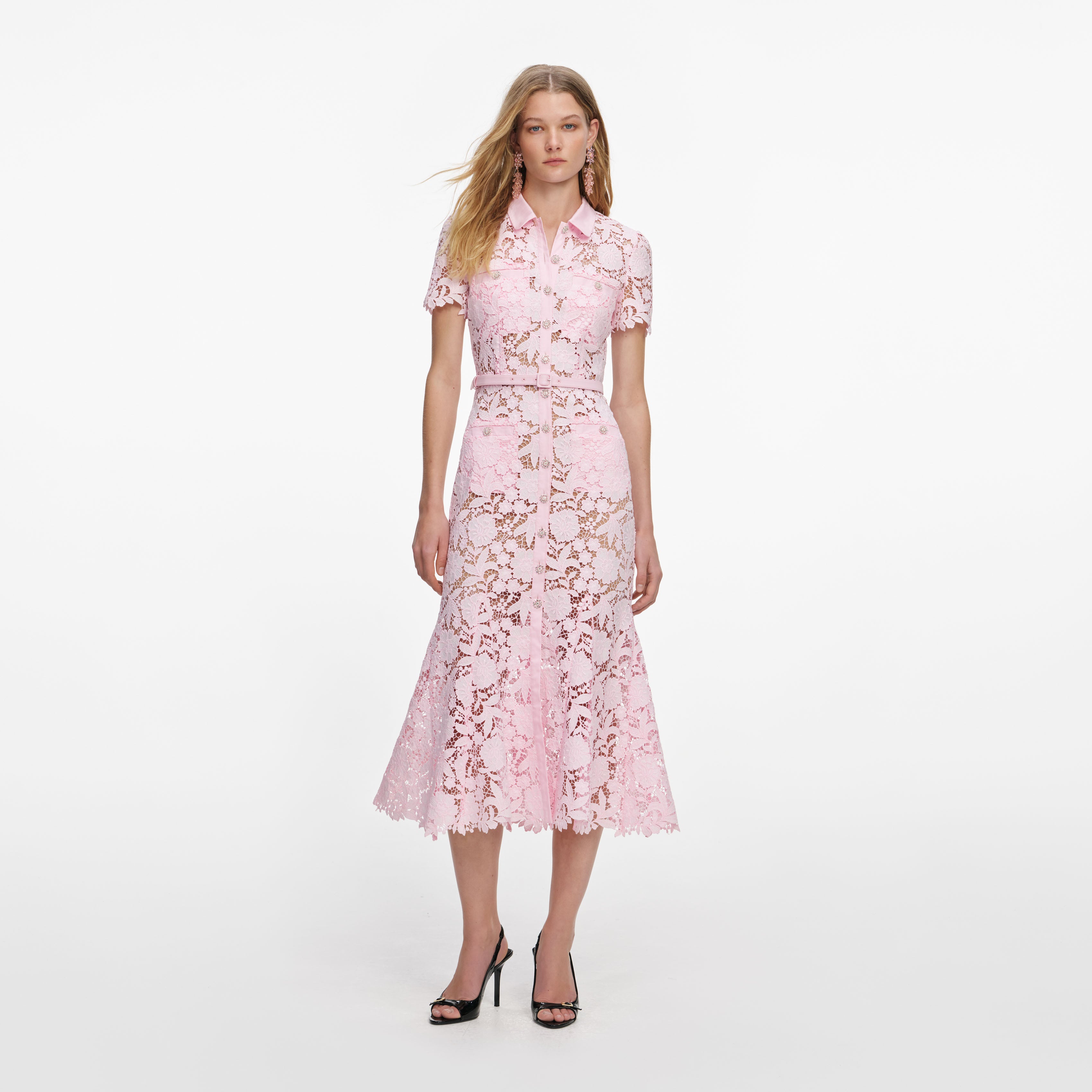 Pink Lace Collared Midi Dress