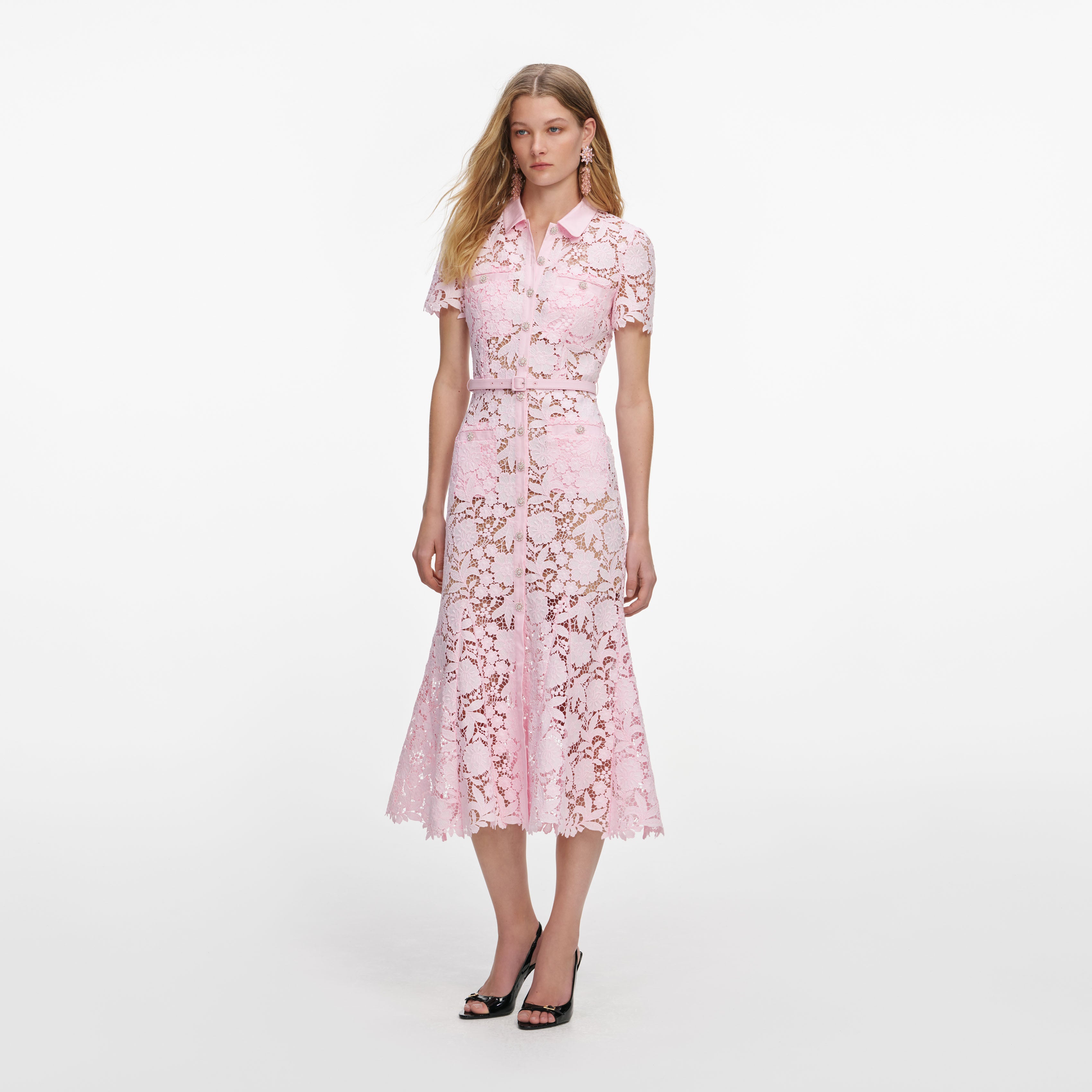 Pink Lace Collared Midi Dress