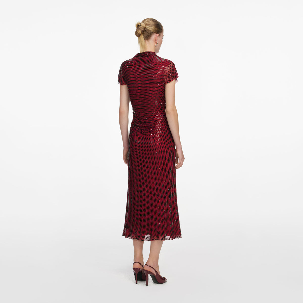 self portrait burgundy rhinestone mesh cut out midi dress Red Drape – self-portrait studded mesh