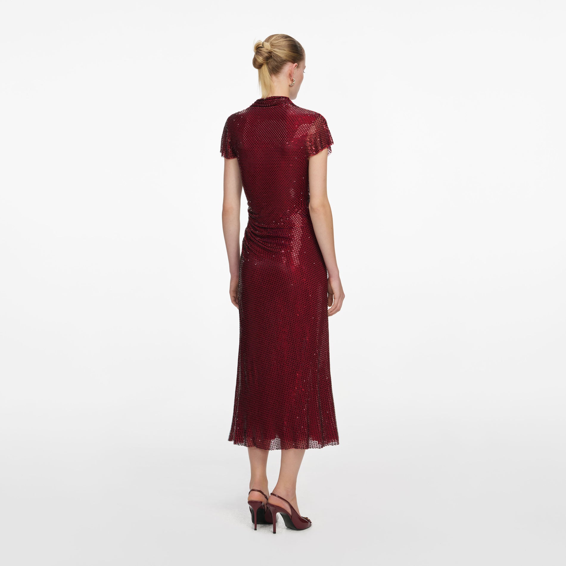 Back view of a woman wearing the Red Rhinestone Drape Midi Dress