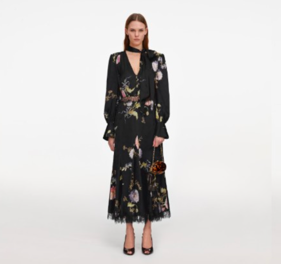Black Satin Floral Printed Midi Dress