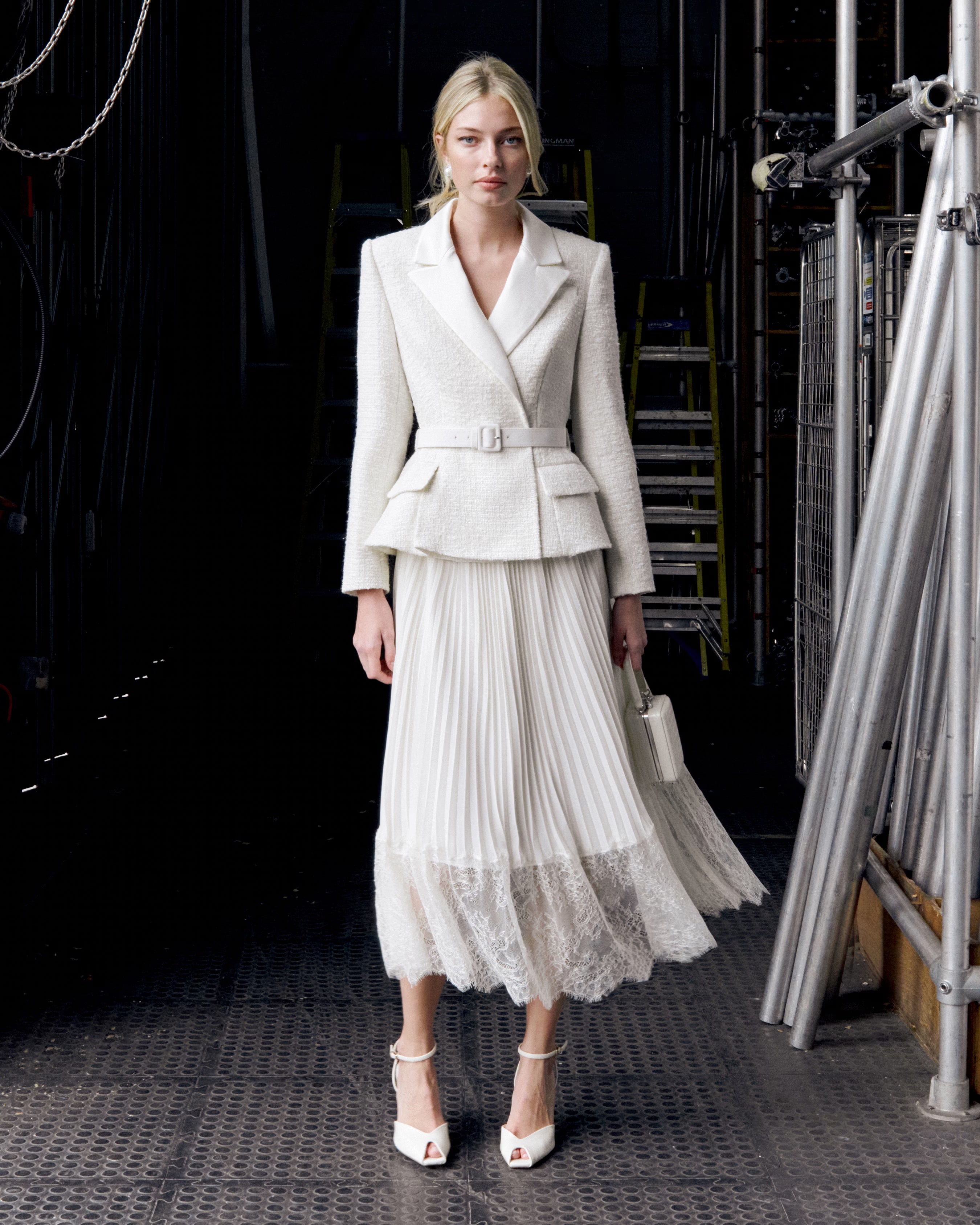 Cream Tailored Bouclé And Chiffon Midi Dress – self-portrait