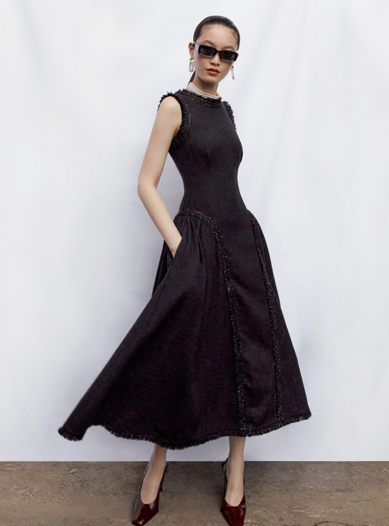 Black Boucle Sleeveless Midi Dress