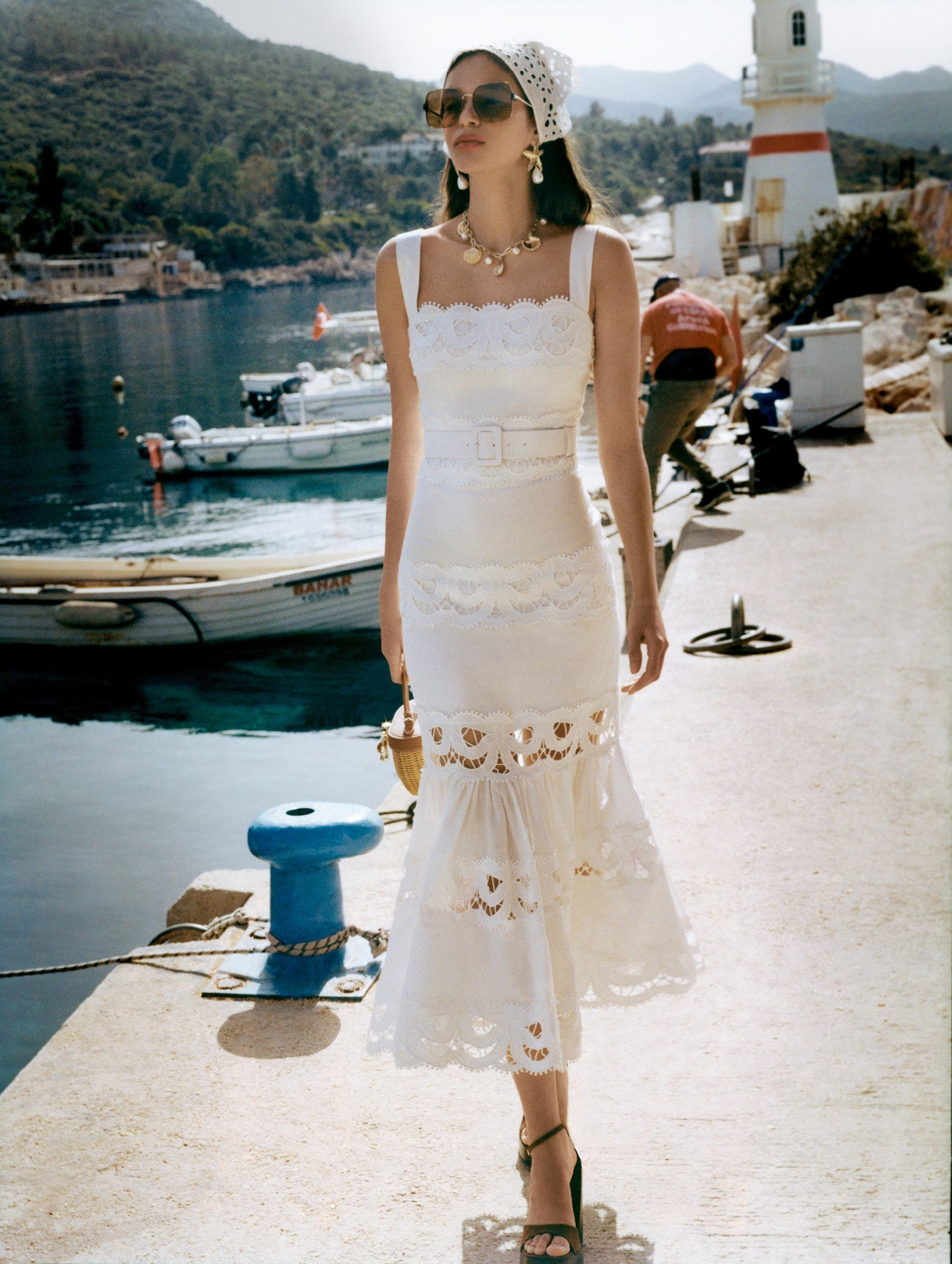 White Linen Lace Insert Midi Dress self-portrait White Linen Lace Insert Midi Dress self-portrait