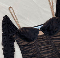Black Power Mesh Long Sleeve Midi Dress
