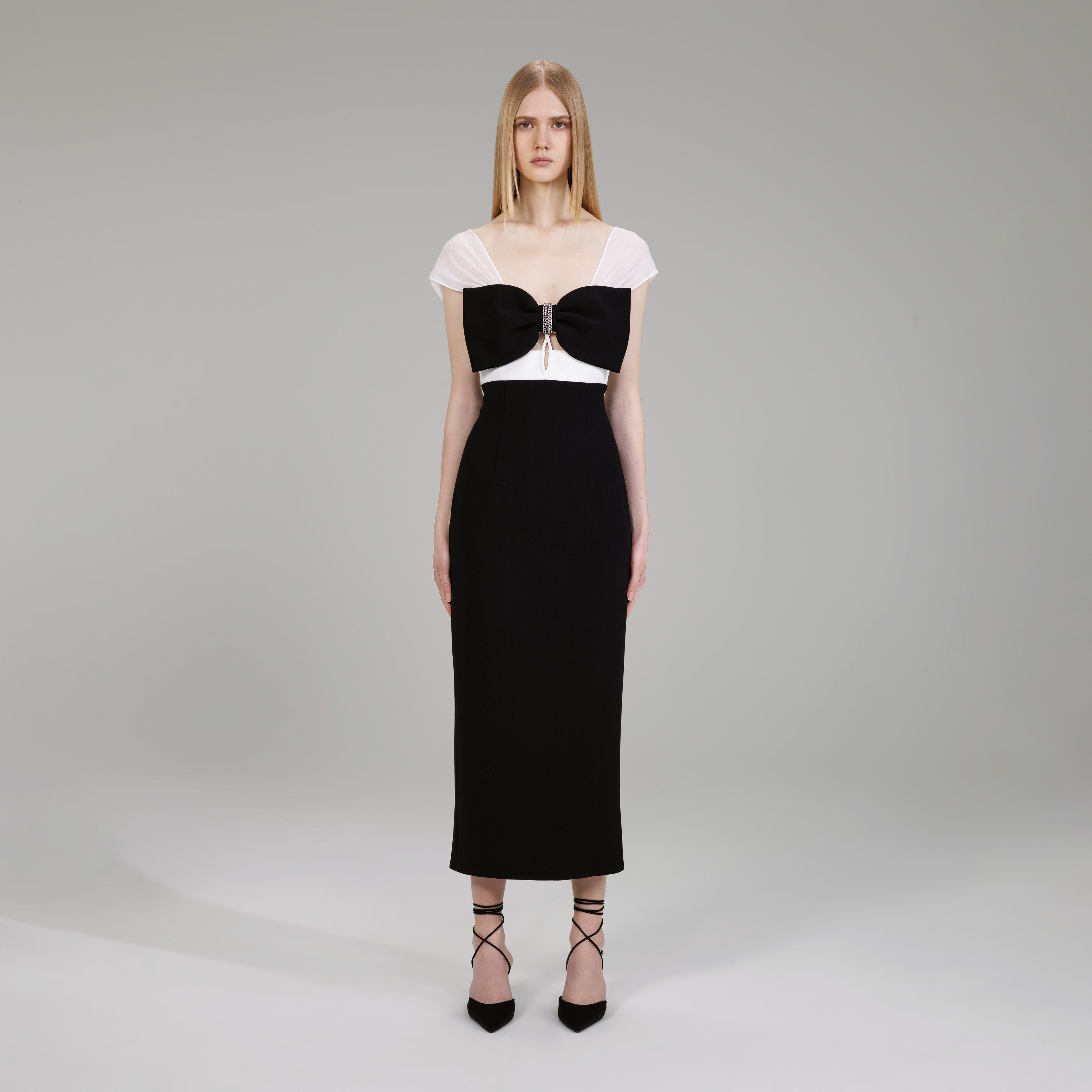 Black And White Crepe Bow Midi Dress