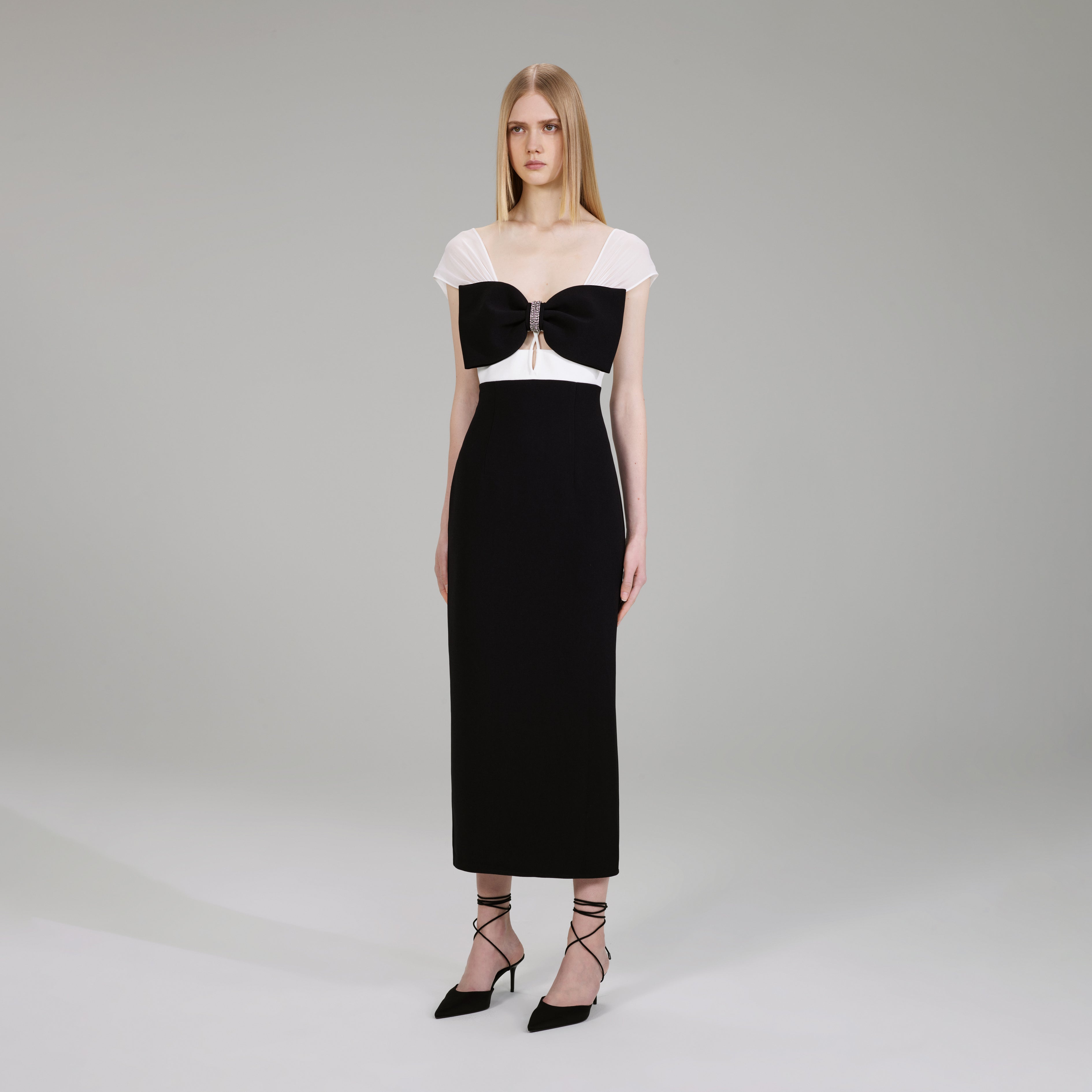 Black And White Crepe Bow Midi Dress