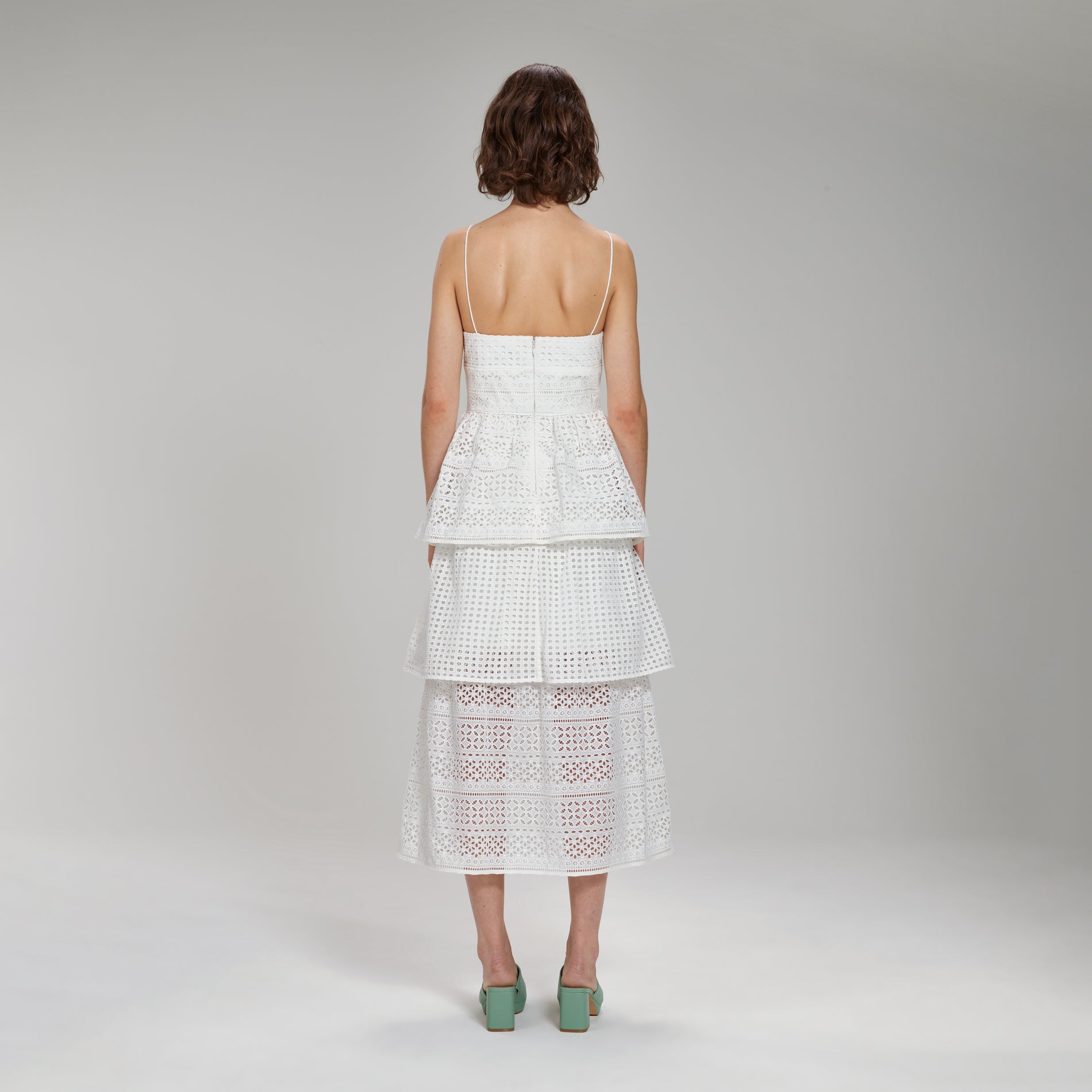 A woman wearing the White Cotton Broderie Anglaise Midi Dress