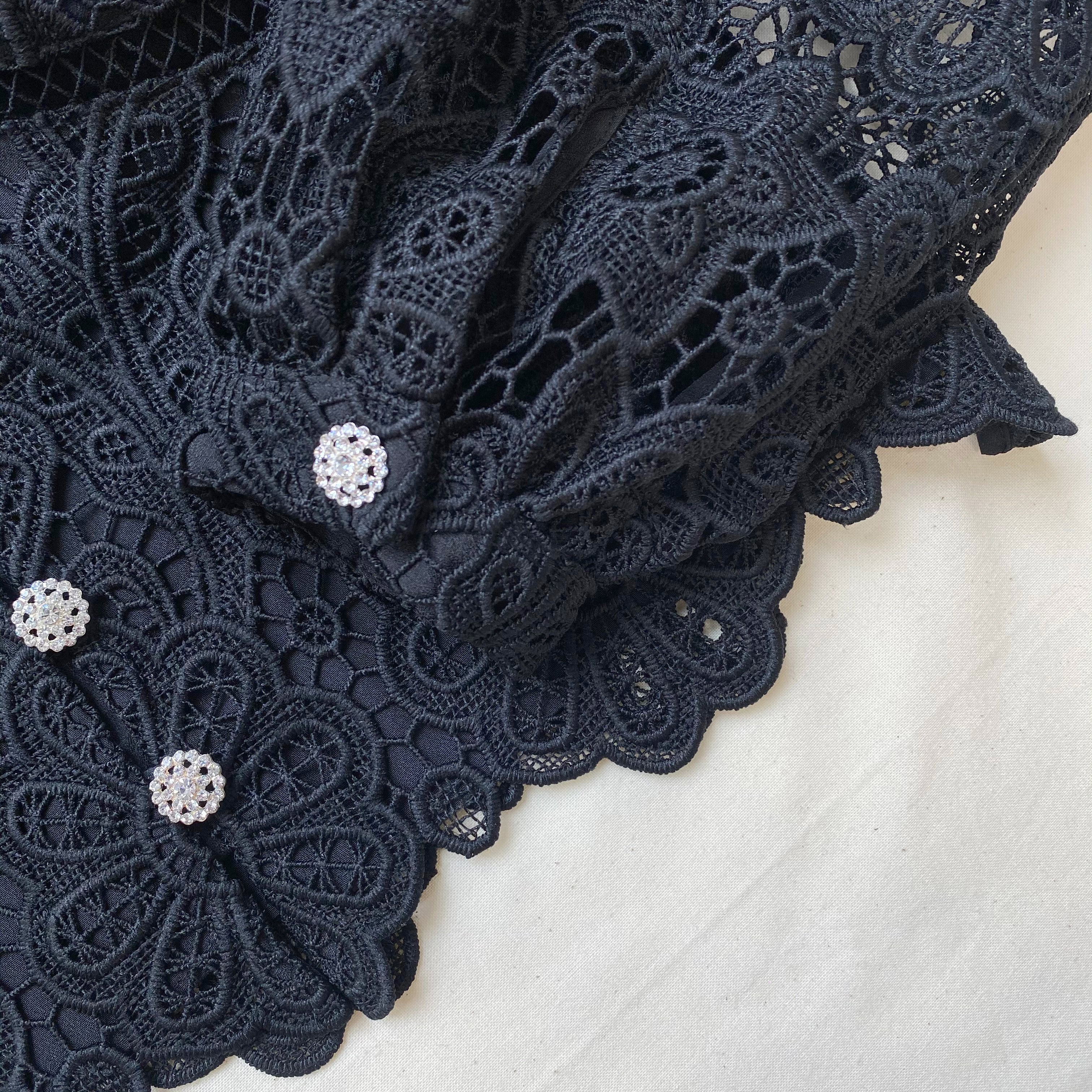 Black Floral Guipure Puff Sleeve Blouse