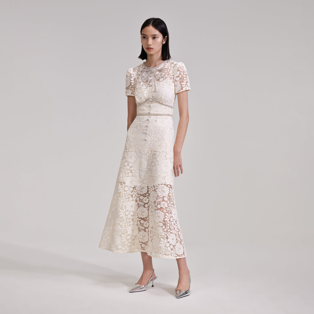 Cream Cord Lace Bow Midi Dress – self-portrait