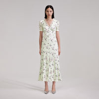 Green Floral Print Lace Detail Midi Dress