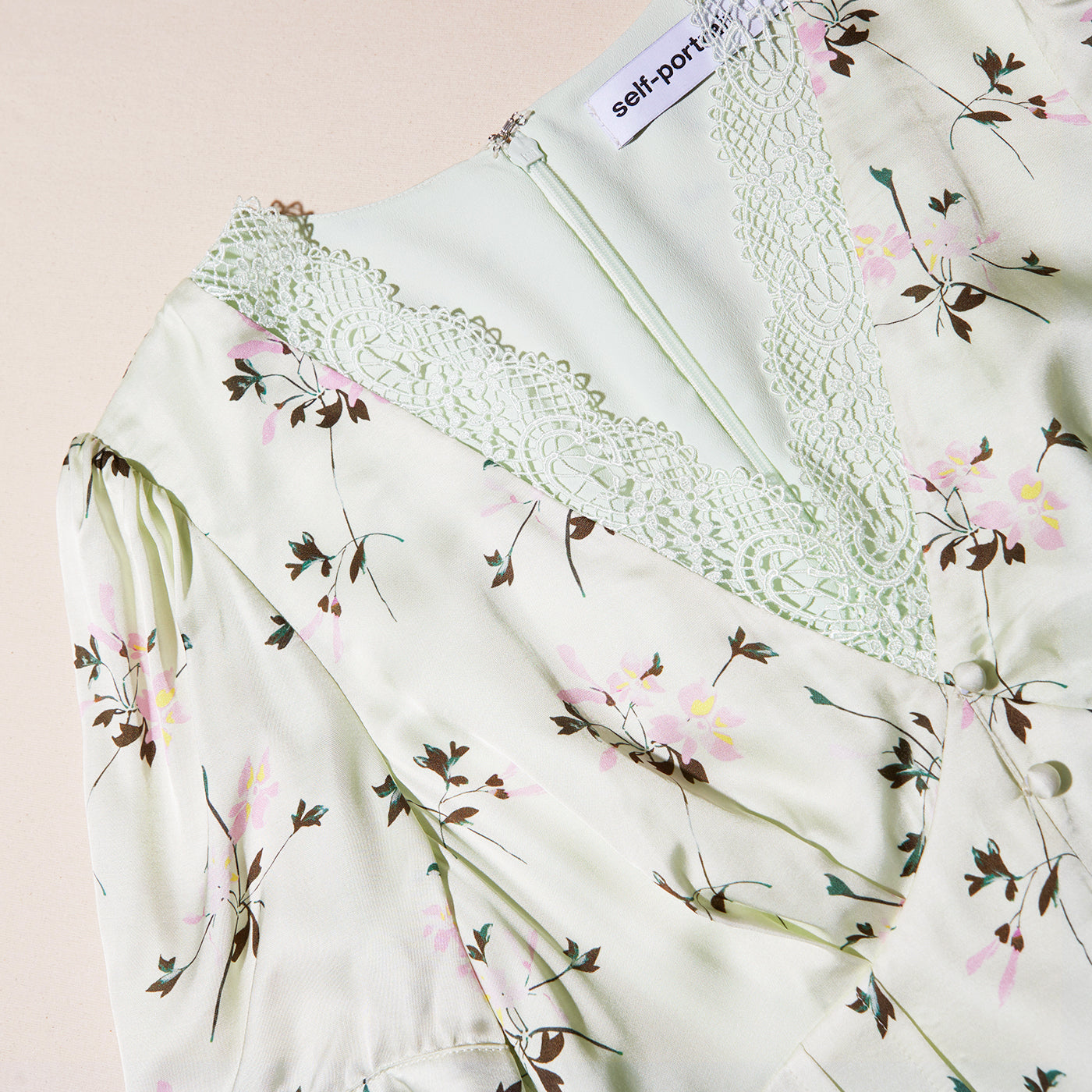 Green Floral Print Lace Detail Midi Dress