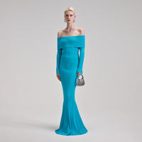 Blue Ribbed Knit Maxi Dress