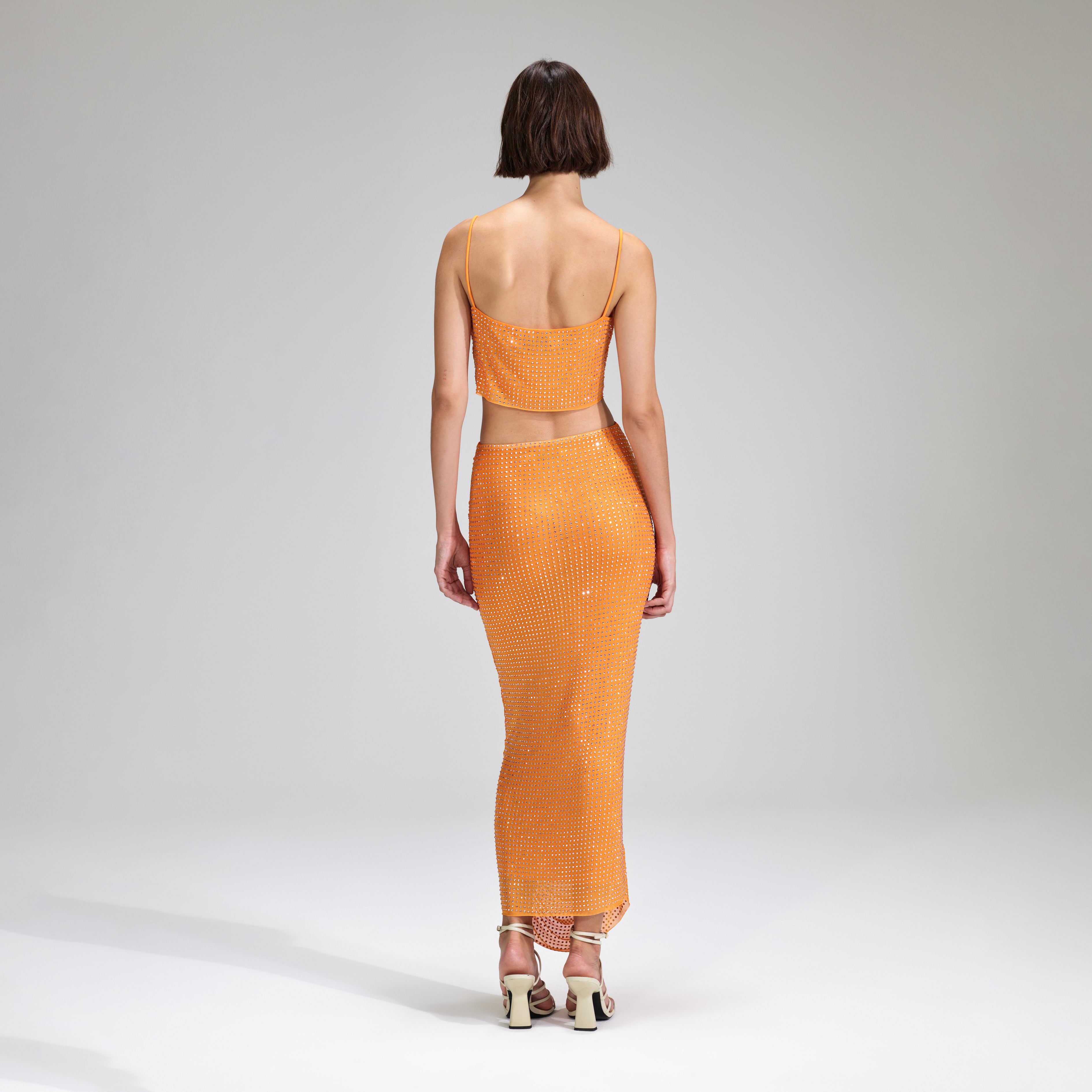 Orange Rhinestone Mesh Top