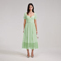 Green Chiffon Lace Detail Midi Dress