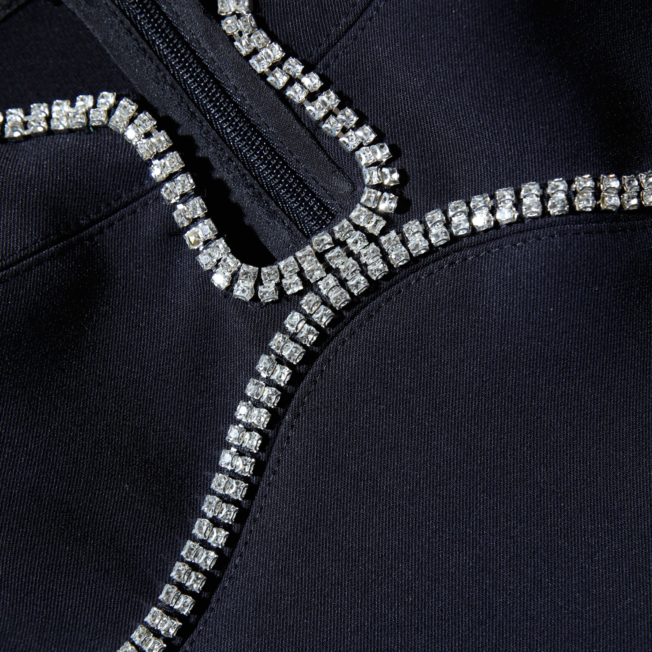 Black Crepe Rhinestone Detail Mini Dress