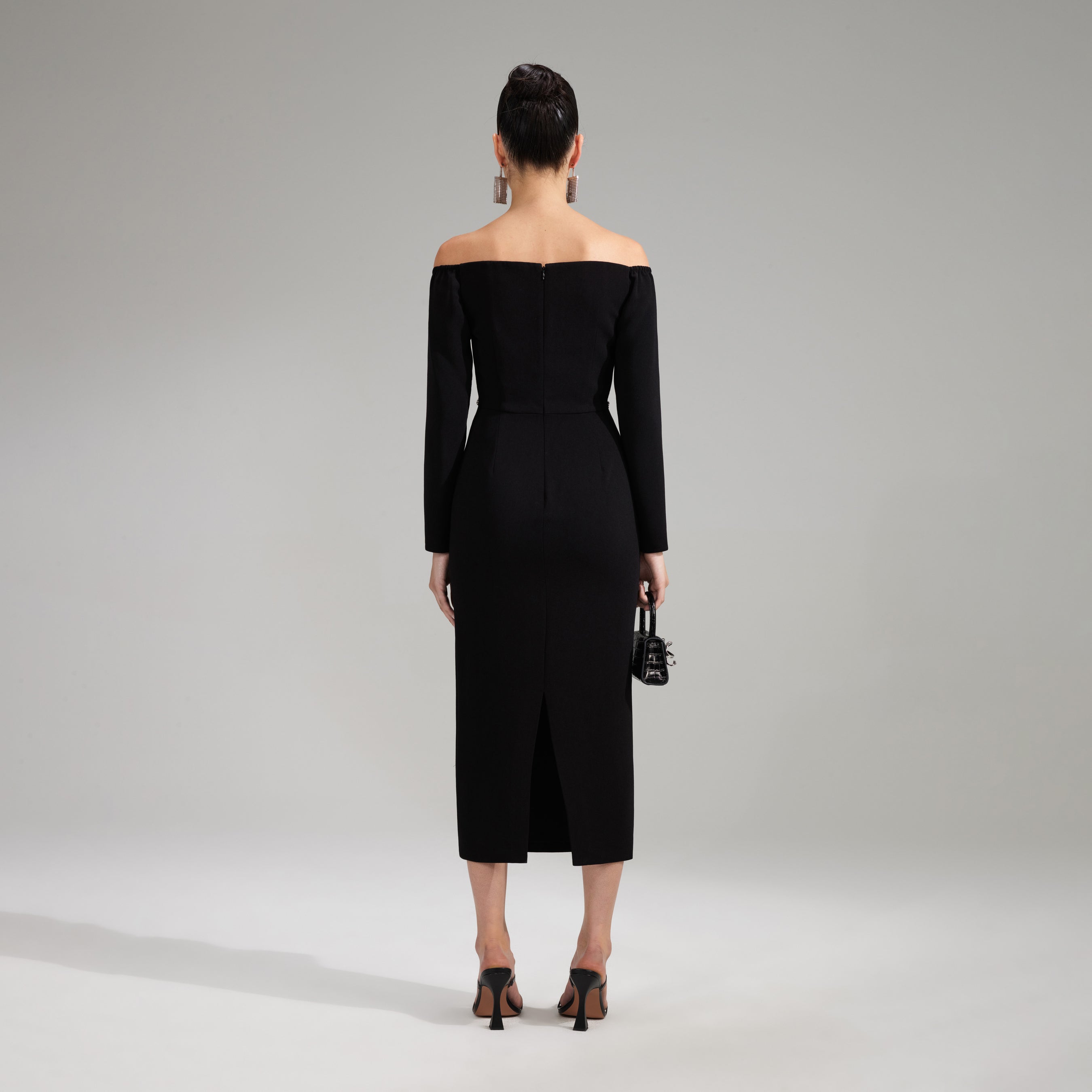 Black Off Shoulder Heavy Crepe Midi Dress