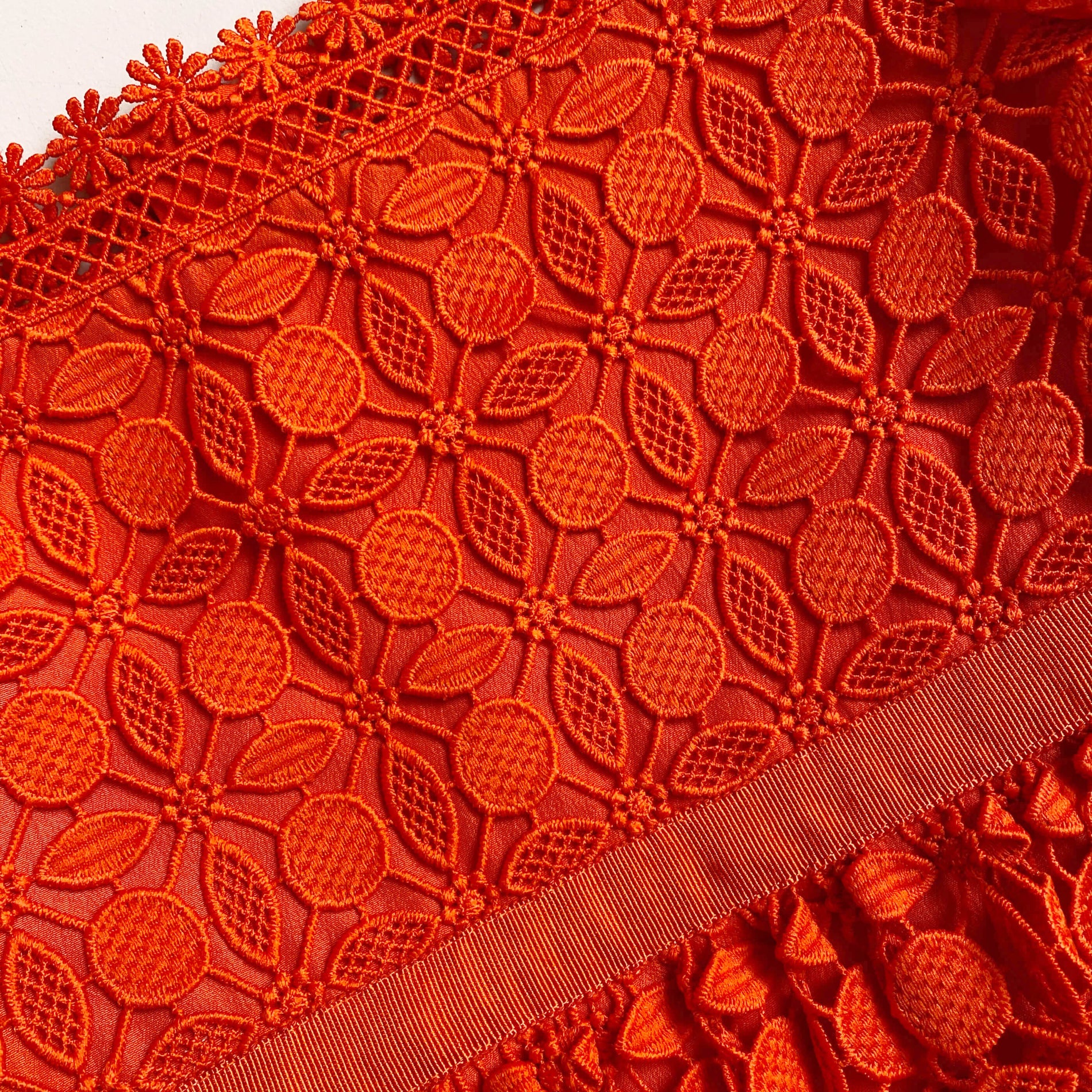 A close up of the fabric for the Red Petal Lace Tiered Mini Dress