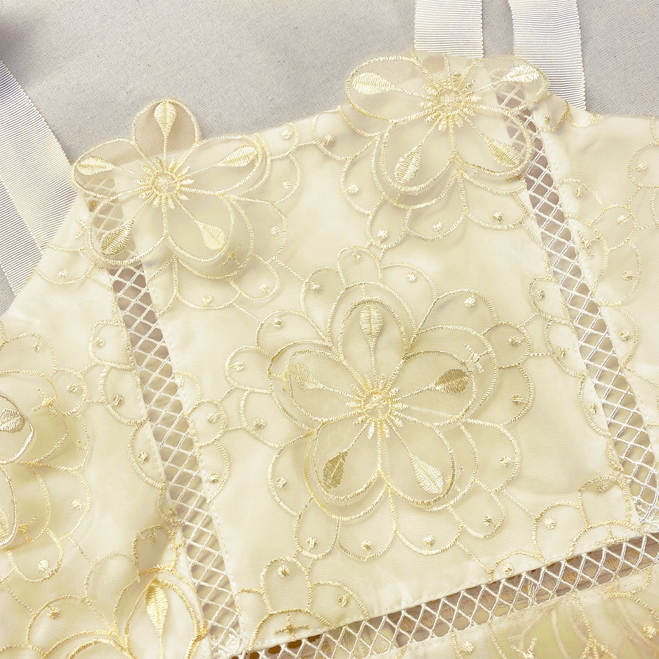 A close up of the fabric for the Yellow 3-D Organza Strappy Mini Dress