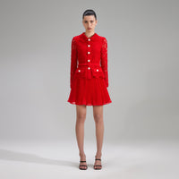 Red Buttoned Guipure Lace Mini Dress