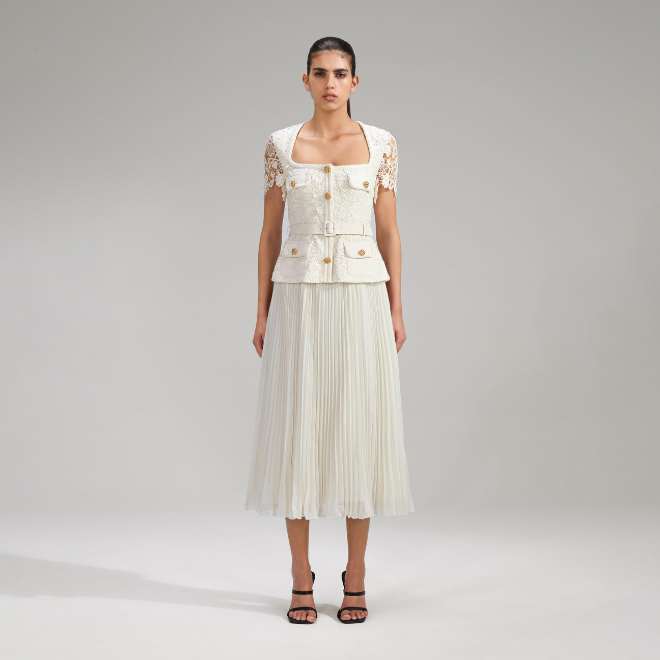 Jules | Cream Broderie High-Neck Tailored Midi Dress With Puff-Sleeves