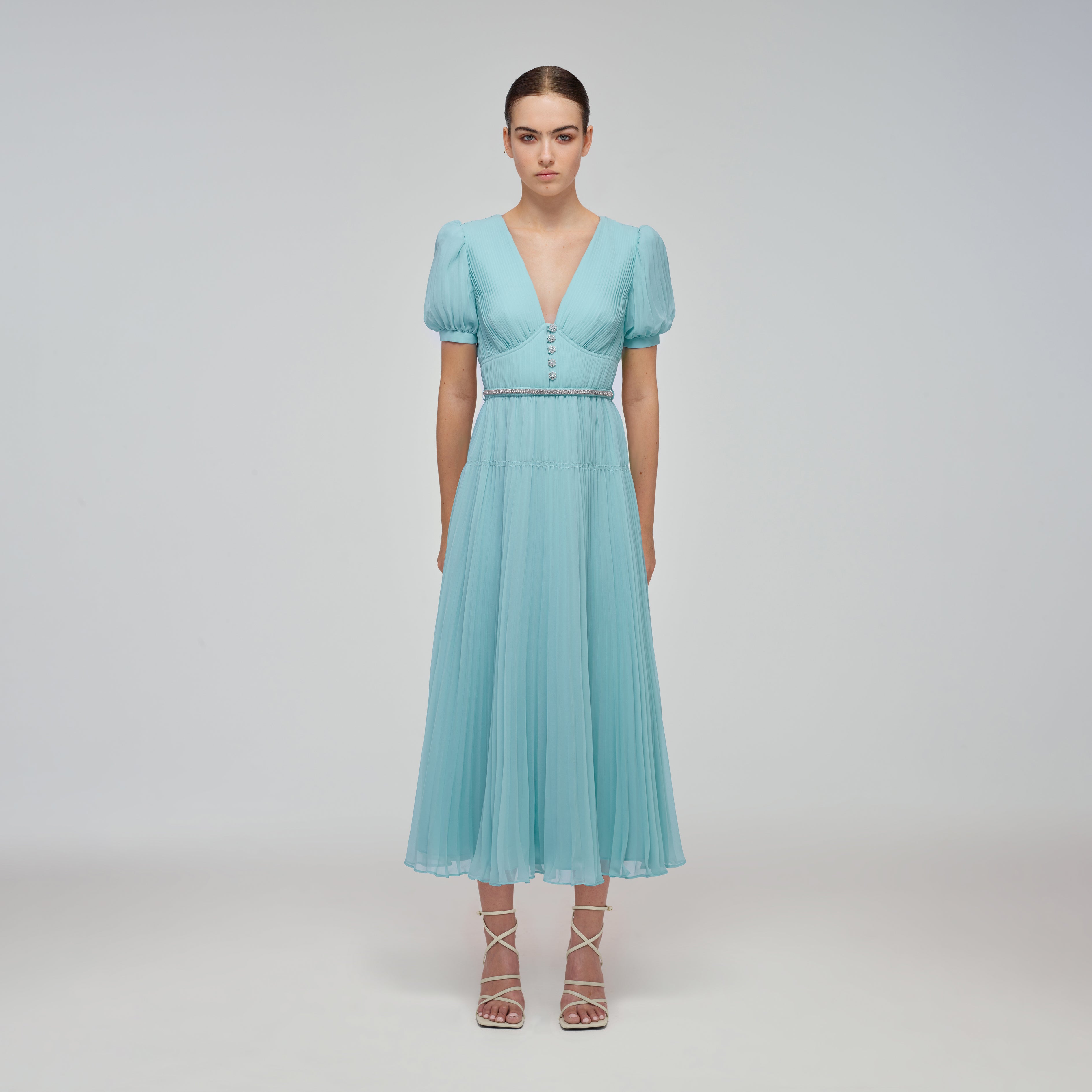 Blue Chiffon Diamanté Button Midi Dress