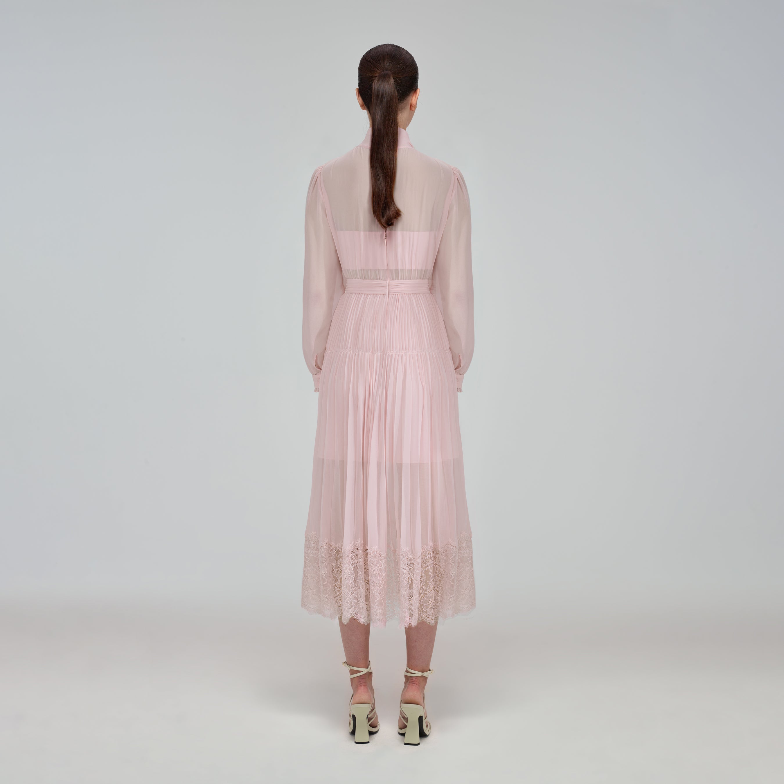 Pale Pink Chiffon Trimmed Midi Dress