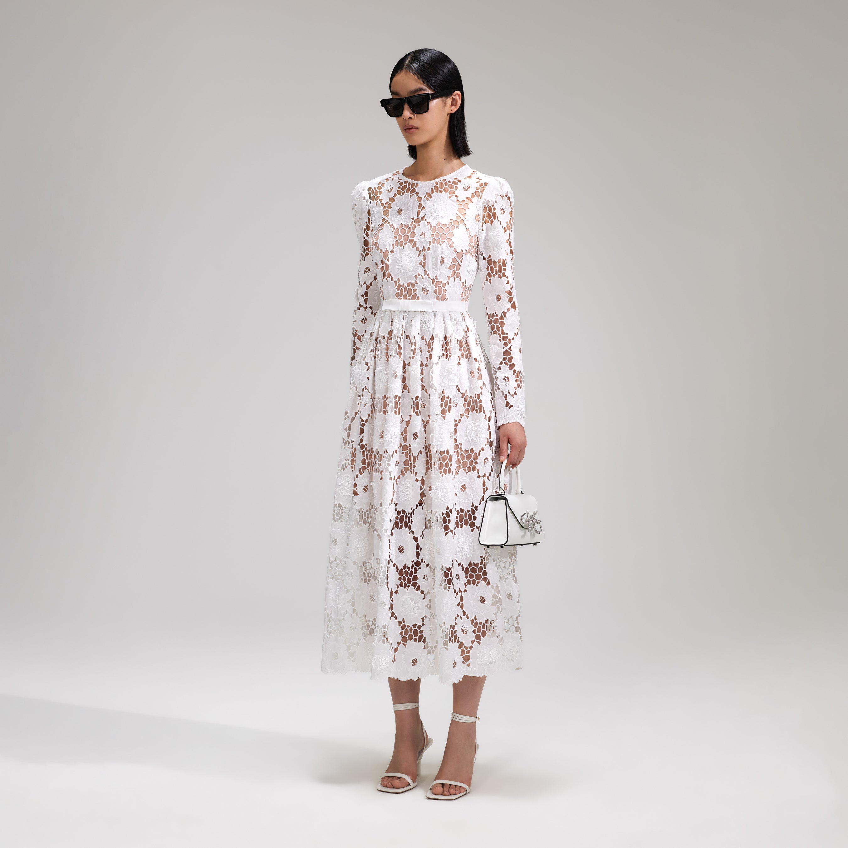 White 3D Cotton Lace Midi Dress