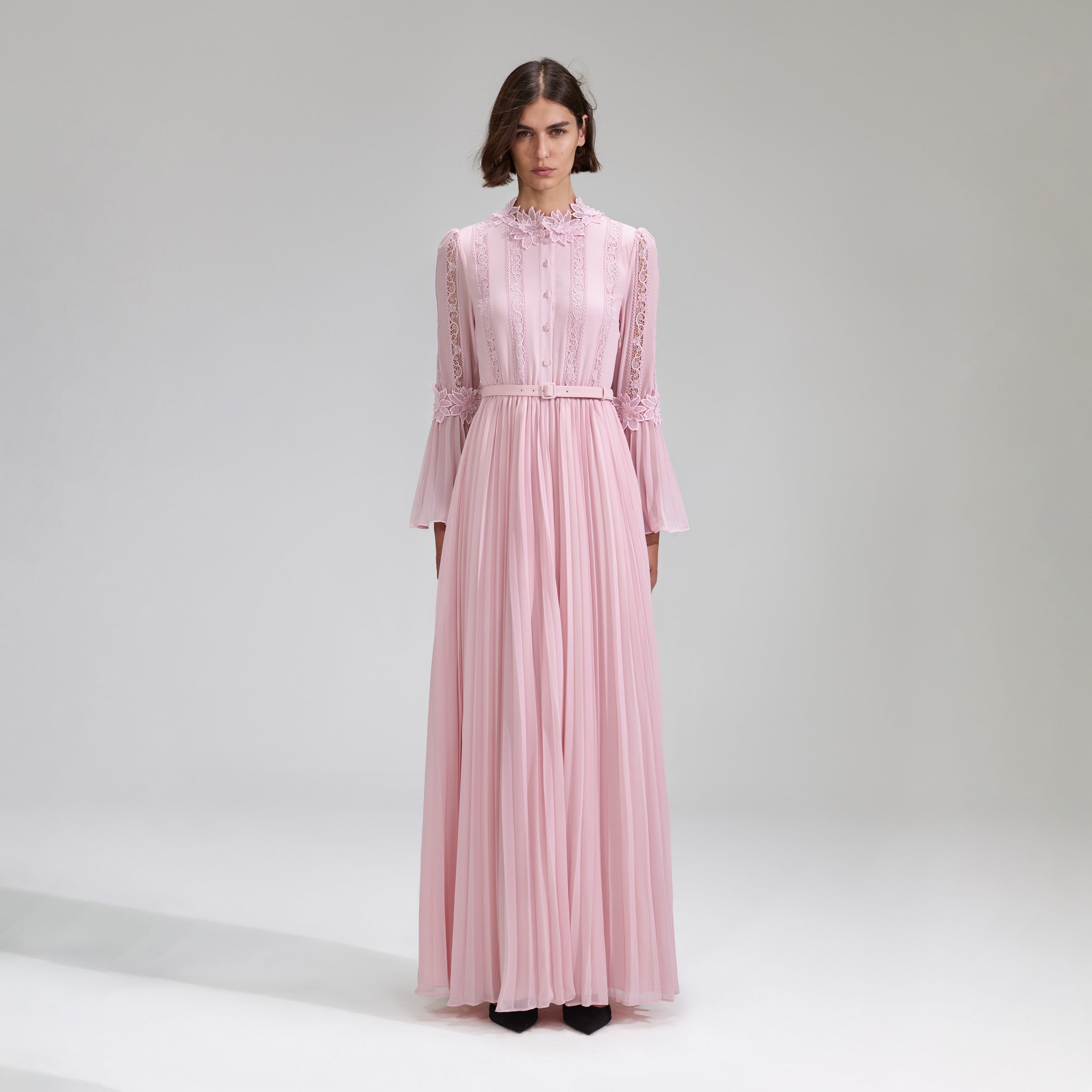Pink Chiffon Lace Pleated Maxi Dress – self-portrait