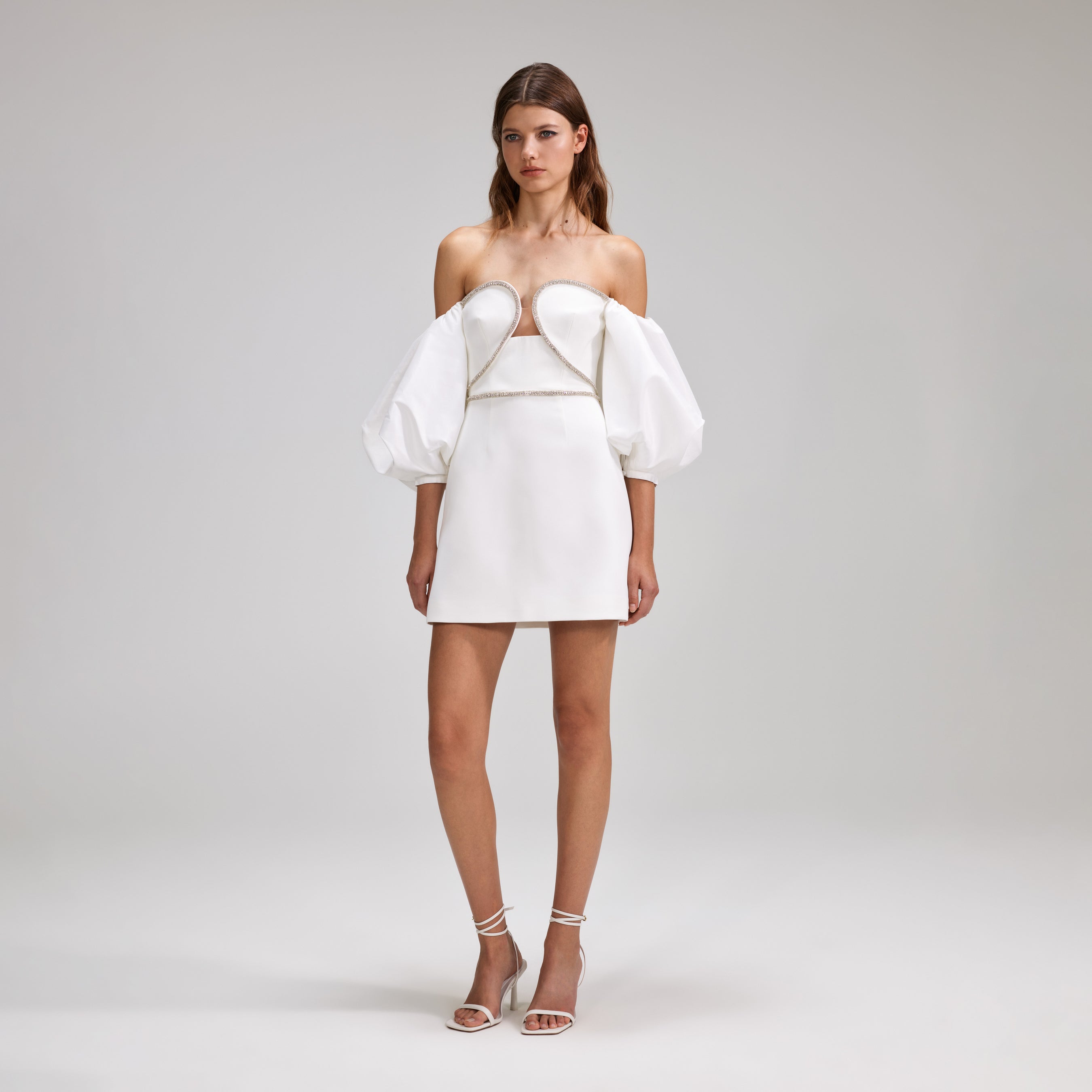 White Bonded Crepe Puff Sleeve Mini Dress