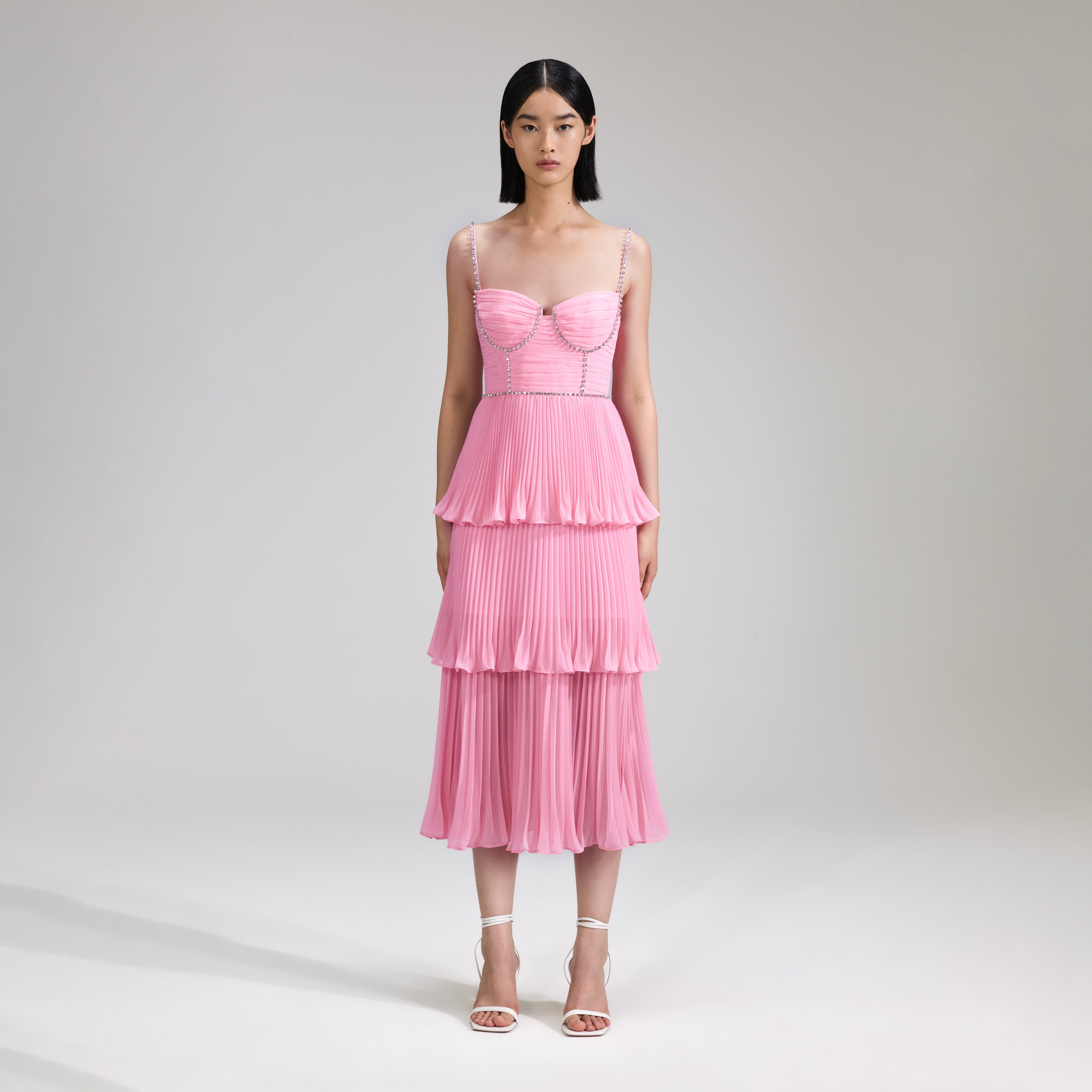 Pink Chiffon Tiered Midi Dress