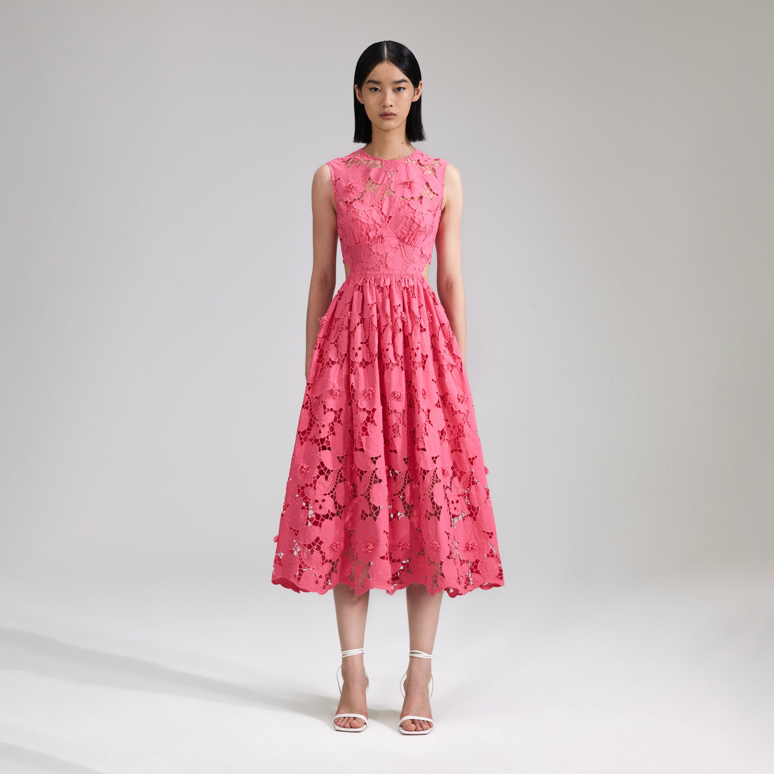 Pink 3D Cotton Lace Midi Dress