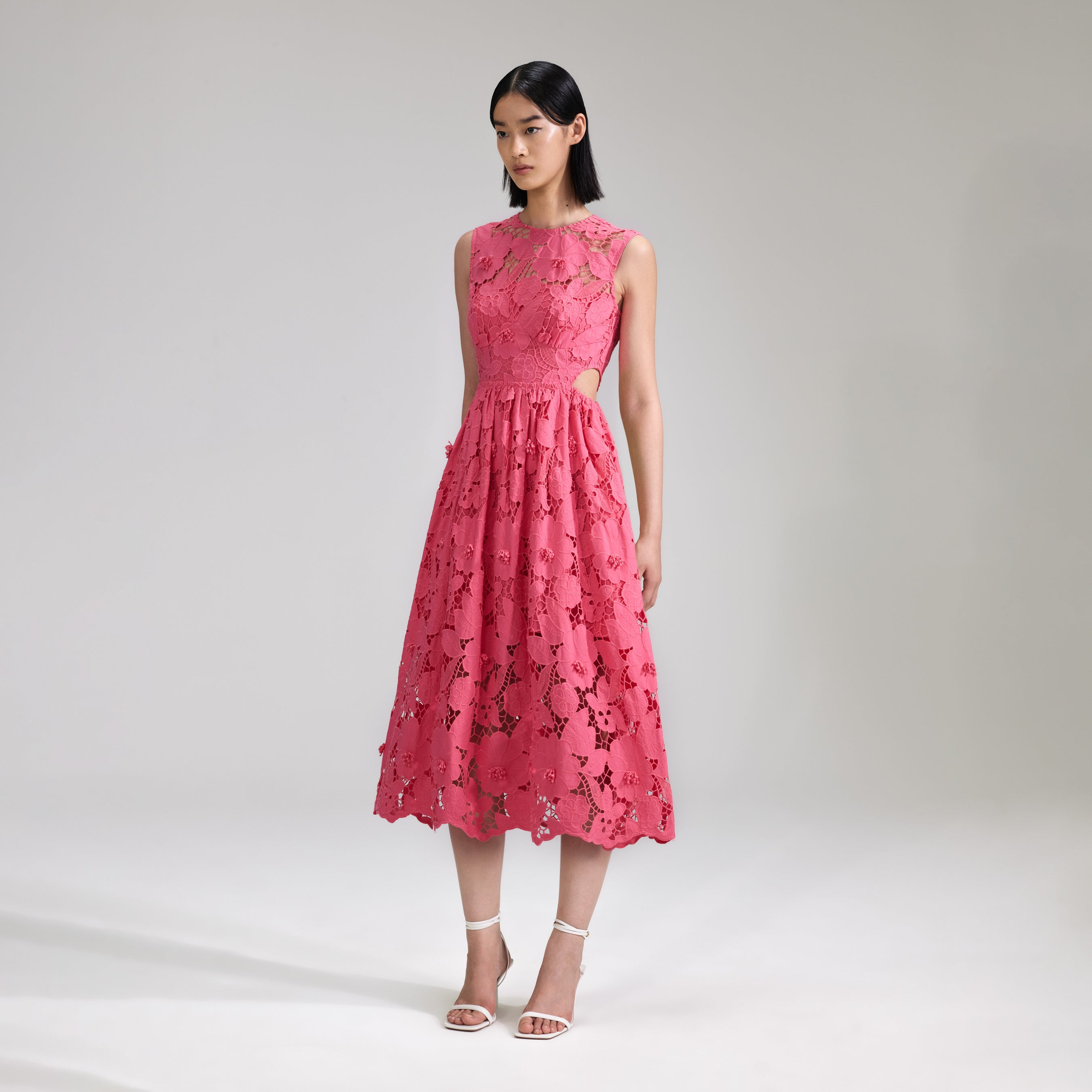 Pink 3D Cotton Lace Midi Dress